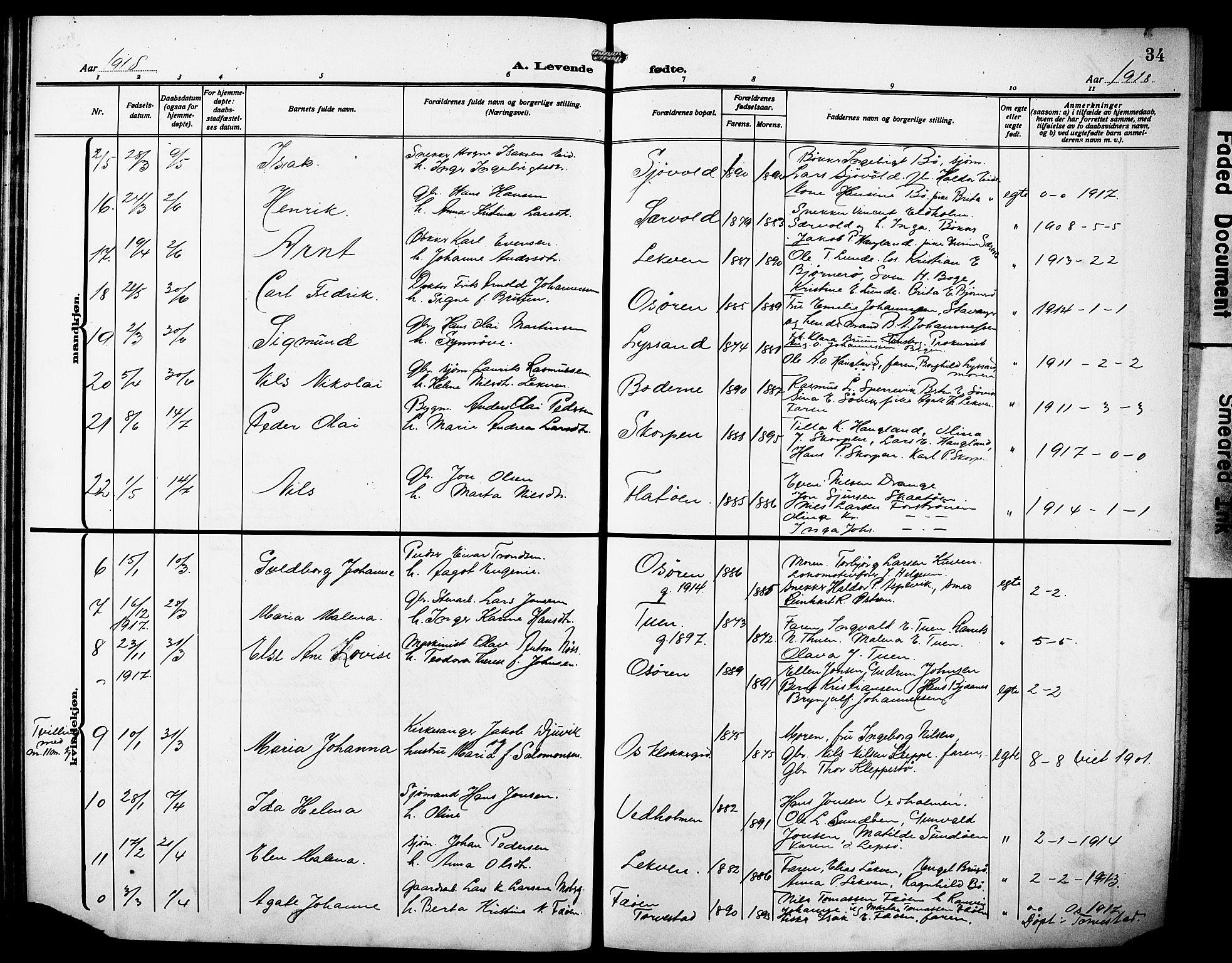 Os sokneprestembete, AV/SAB-A-99929: Parish register (copy) no. A 4, 1914-1923, p. 34