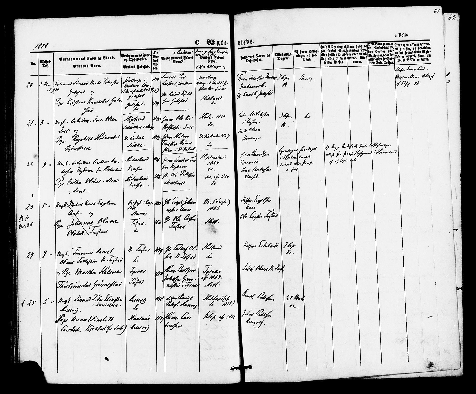 Hetland sokneprestkontor, AV/SAST-A-101826/30/30BA/L0005: Parish register (official) no. A 5, 1869-1884, p. 61