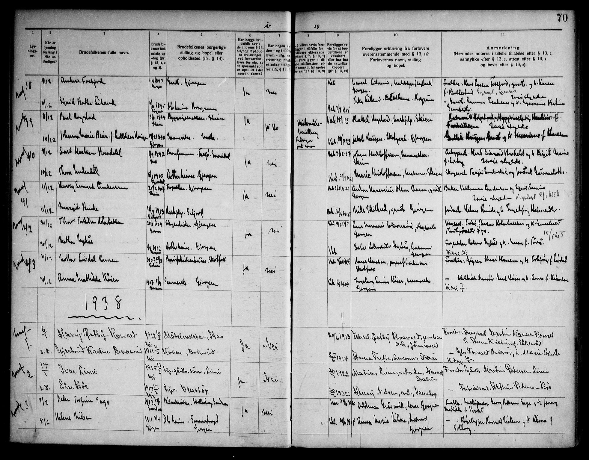 Gjerpen kirkebøker, SAKO/A-265/H/Ha/L0003: Banns register no. I 3, 1919-1946, p. 70
