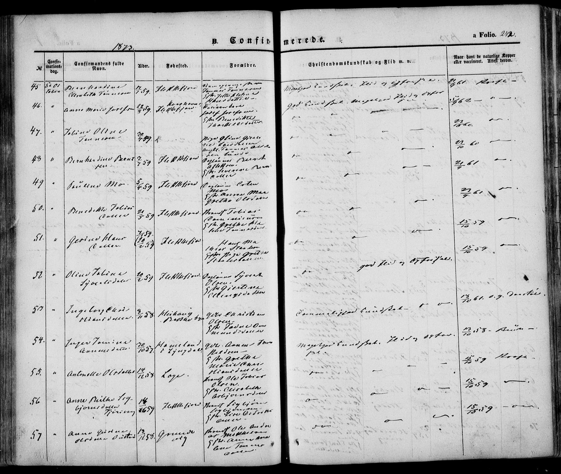 Flekkefjord sokneprestkontor, AV/SAK-1111-0012/F/Fa/Fac/L0005: Parish register (official) no. A 5, 1849-1875, p. 242