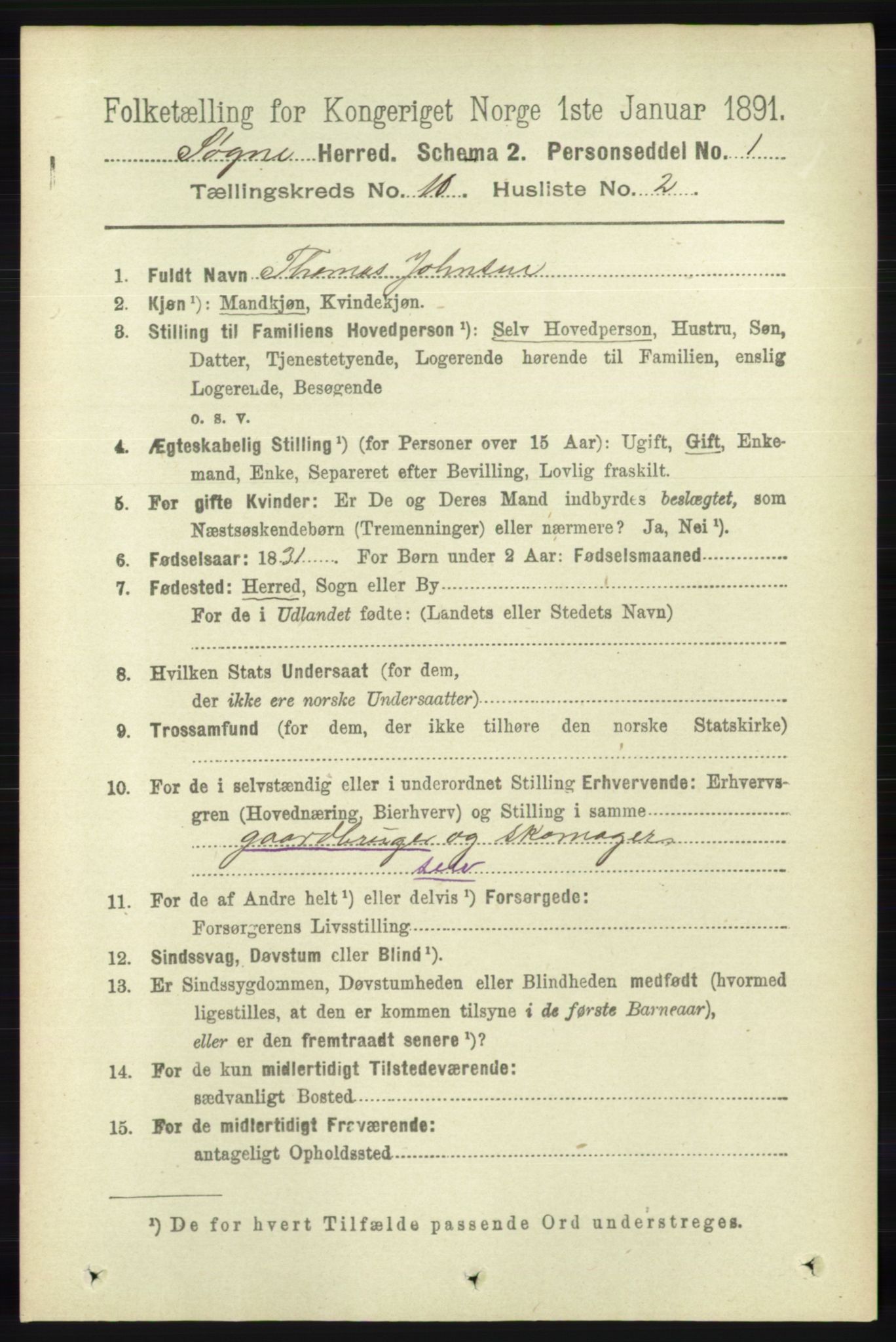 RA, 1891 census for 1018 Søgne, 1891, p. 2714