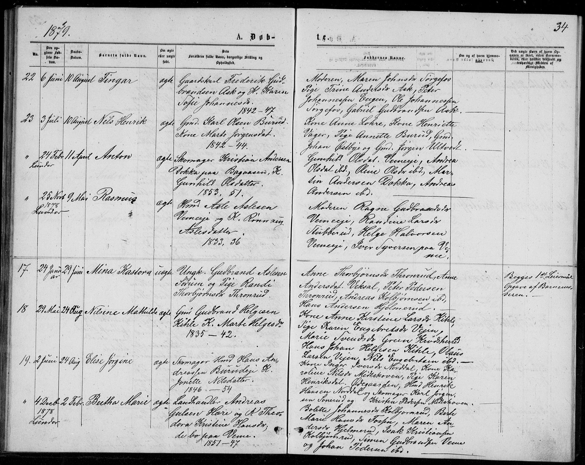 Norderhov kirkebøker, AV/SAKO-A-237/G/Ga/L0007: Parish register (copy) no. I 7, 1877-1887, p. 34