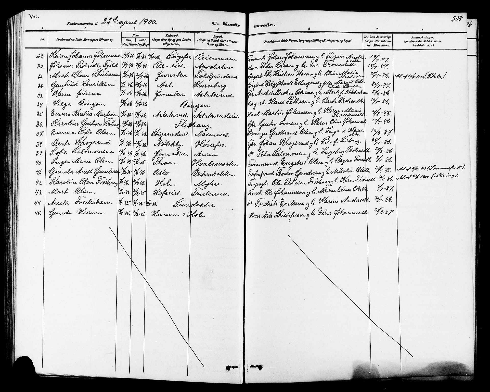 Norderhov kirkebøker, AV/SAKO-A-237/G/Ga/L0008: Parish register (copy) no. I 8, 1887-1912, p. 305