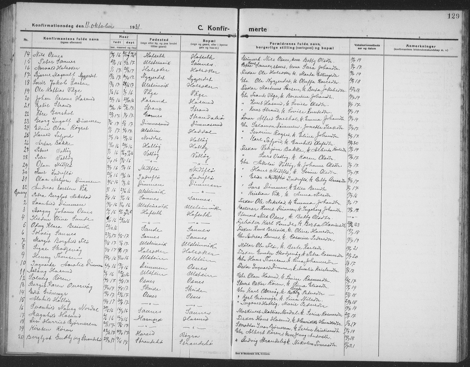 Ministerialprotokoller, klokkerbøker og fødselsregistre - Møre og Romsdal, SAT/A-1454/509/L0113: Parish register (copy) no. 509C03, 1923-1939, p. 129