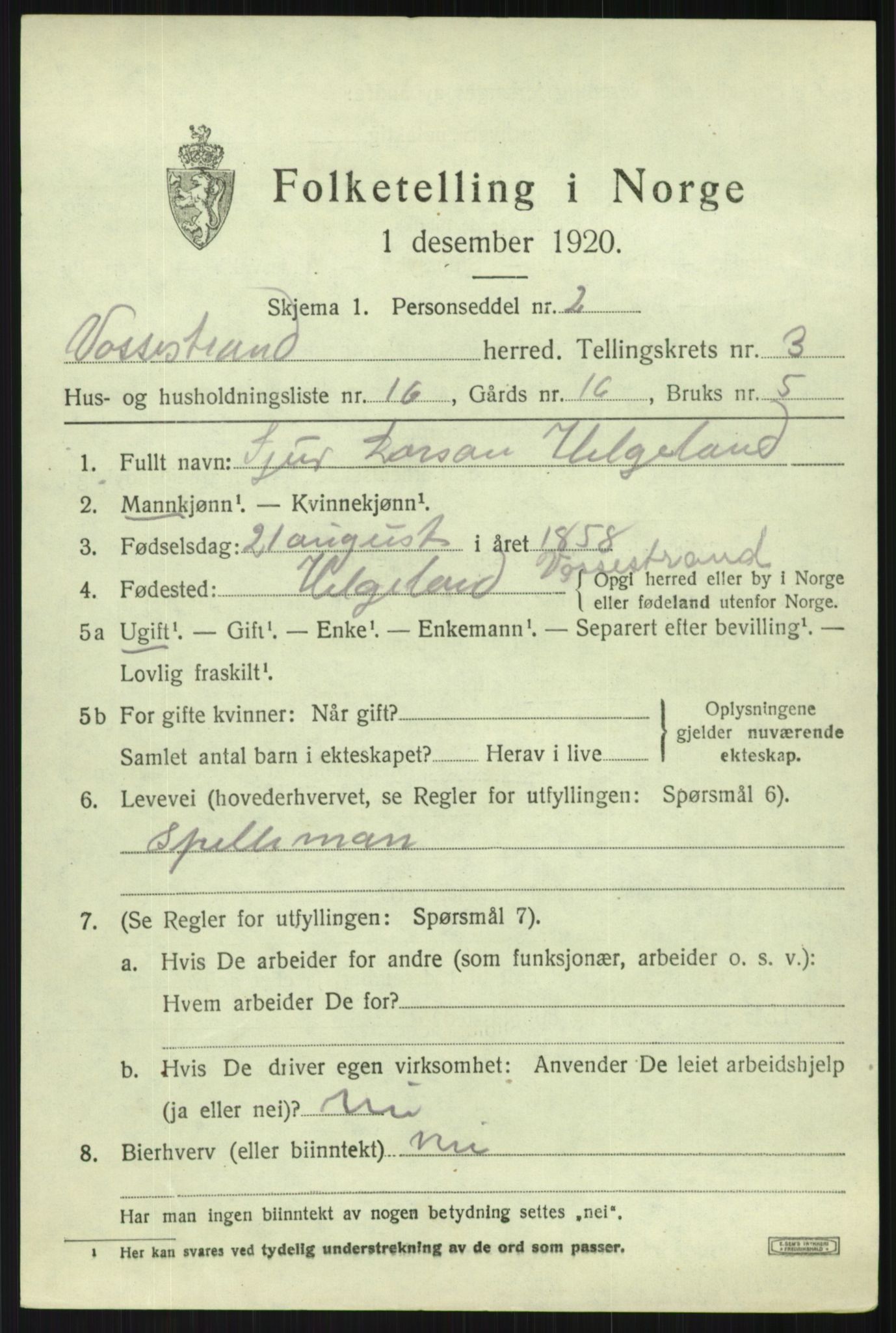 SAB, 1920 census for Vossestrand, 1920, p. 1600