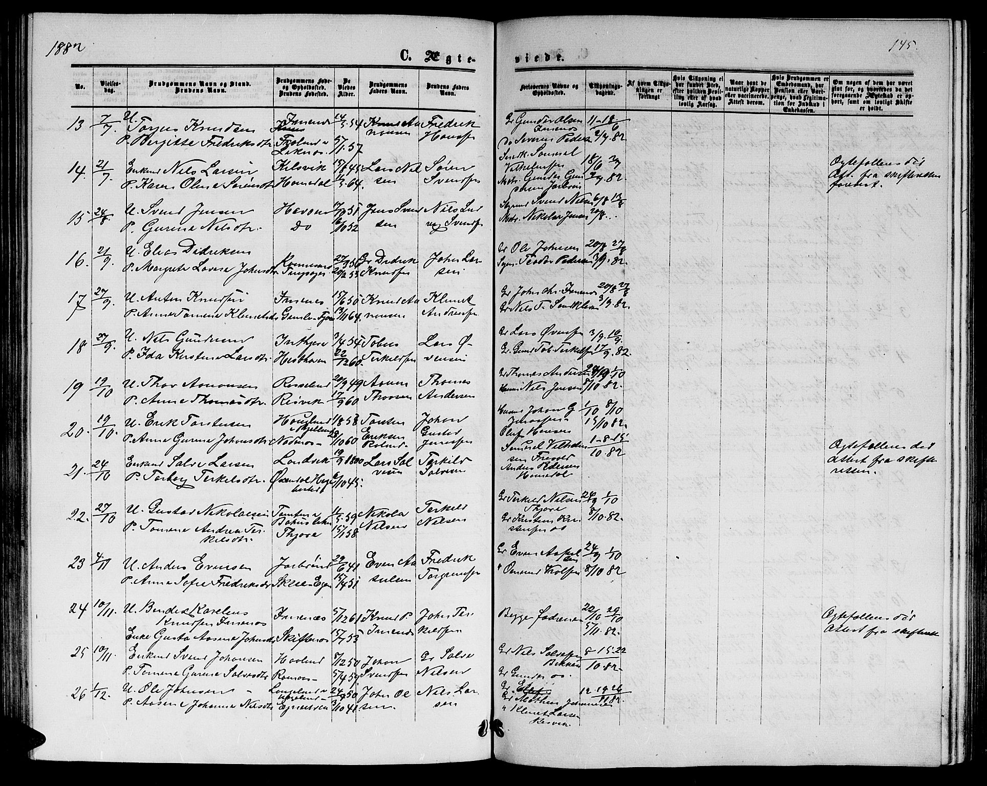 Hommedal sokneprestkontor, AV/SAK-1111-0023/F/Fb/Fbb/L0006: Parish register (copy) no. B 6, 1869-1884, p. 145