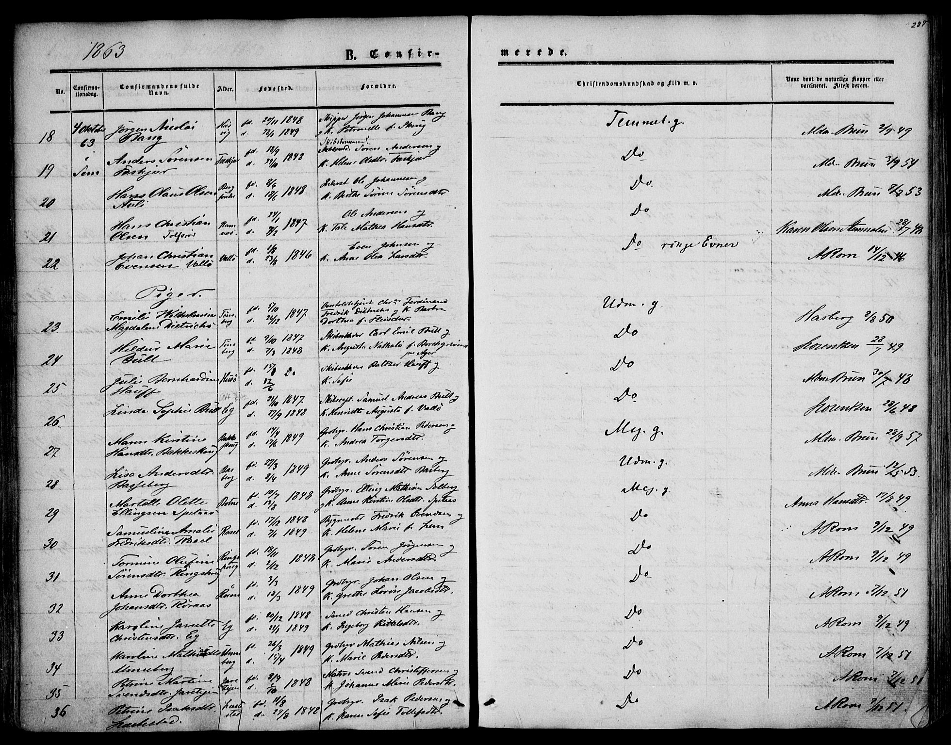 Sem kirkebøker, AV/SAKO-A-5/F/Fa/L0007: Parish register (official) no. I 7, 1856-1865, p. 287