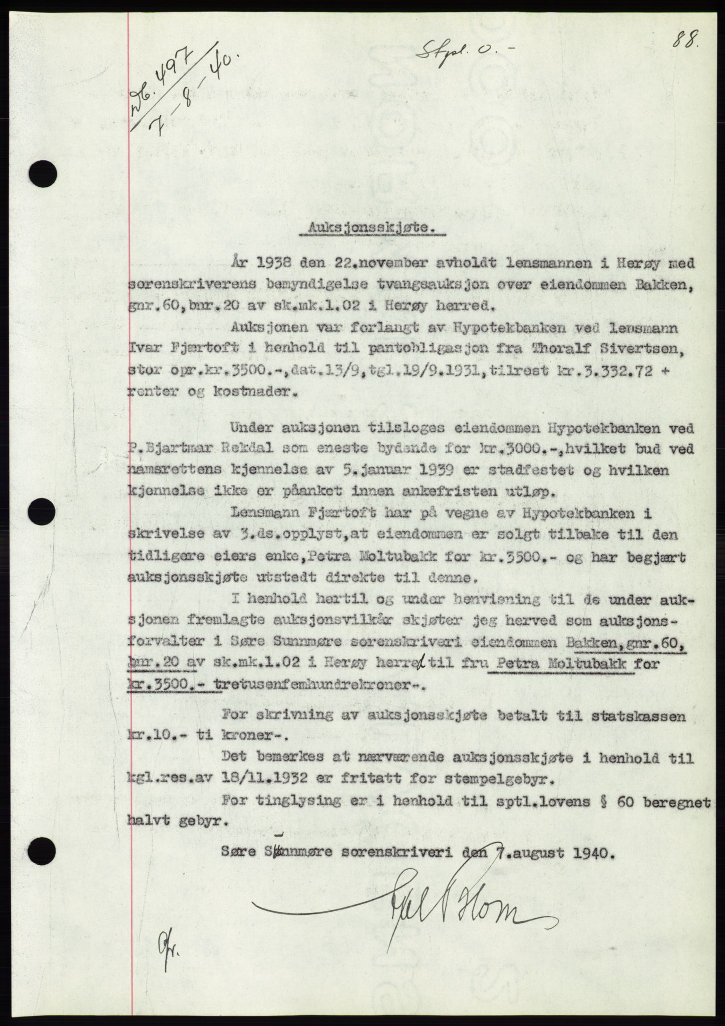 Søre Sunnmøre sorenskriveri, AV/SAT-A-4122/1/2/2C/L0070: Mortgage book no. 64, 1940-1941, Diary no: : 497/1940