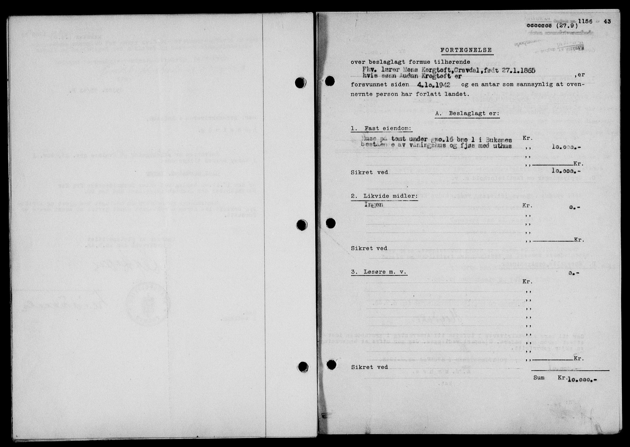 Lofoten sorenskriveri, SAT/A-0017/1/2/2C/L0011a: Mortgage book no. 11a, 1943-1943, Diary no: : 1156/1943