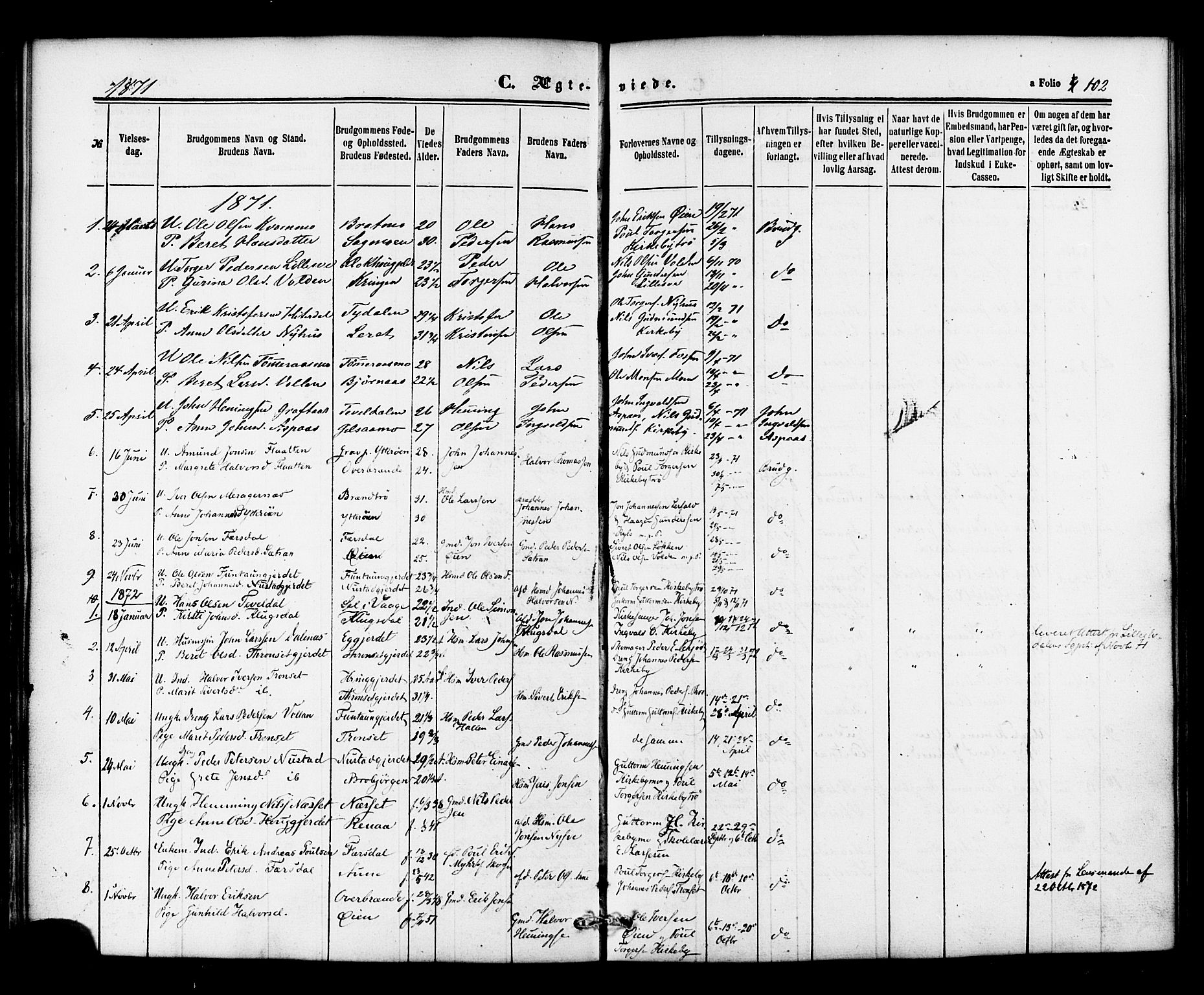 Ministerialprotokoller, klokkerbøker og fødselsregistre - Nord-Trøndelag, AV/SAT-A-1458/706/L0041: Parish register (official) no. 706A02, 1862-1877, p. 102