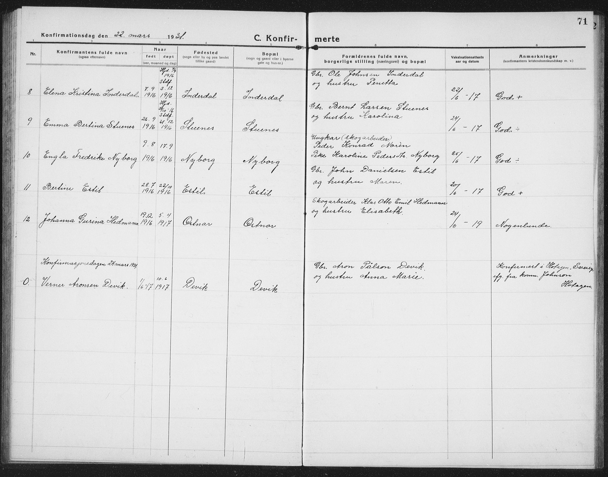 Ministerialprotokoller, klokkerbøker og fødselsregistre - Nord-Trøndelag, SAT/A-1458/757/L0507: Parish register (copy) no. 757C02, 1923-1939, p. 71