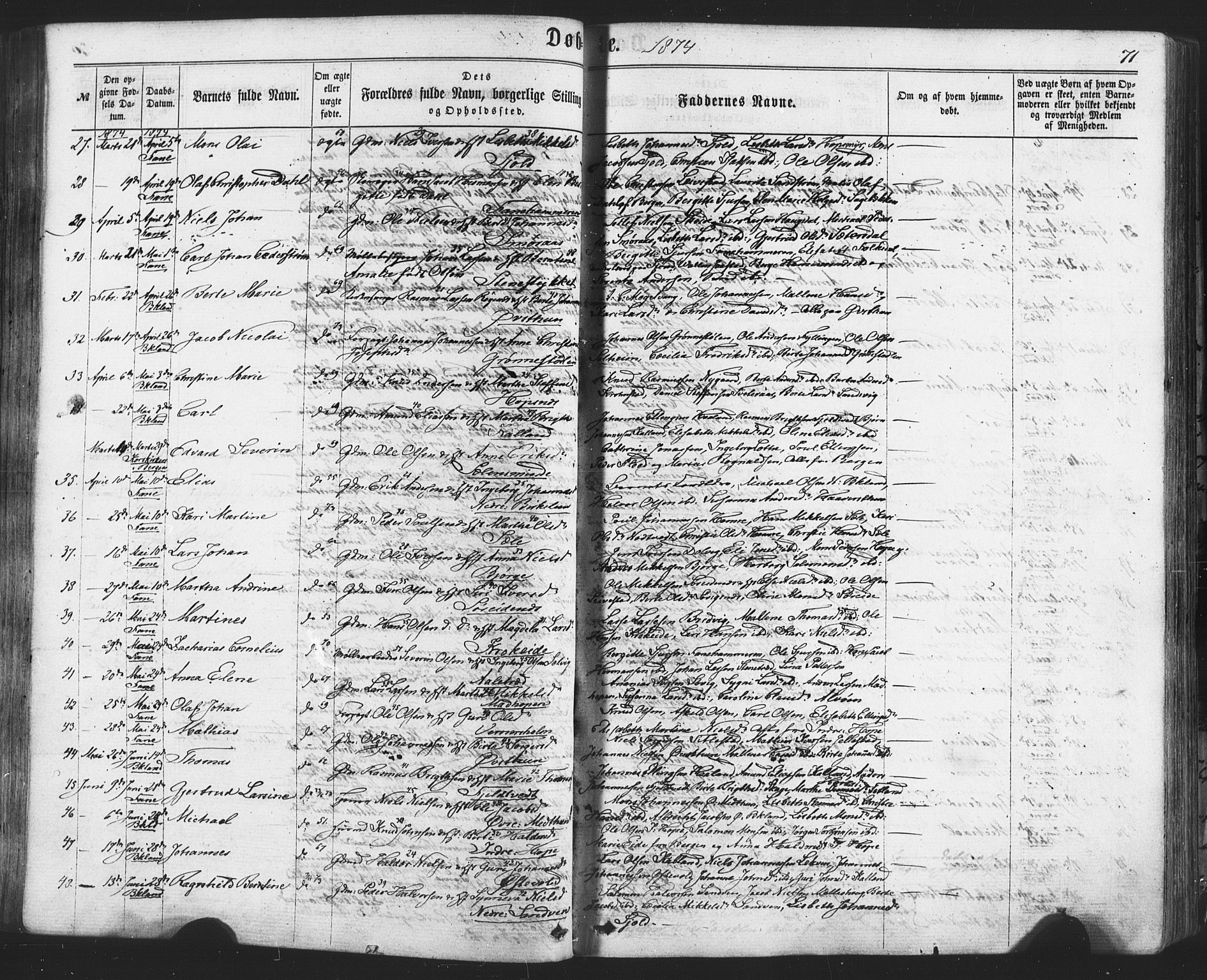 Fana Sokneprestembete, SAB/A-75101/H/Haa/Haaa/L0012: Parish register (official) no. A 12, 1862-1878, p. 71