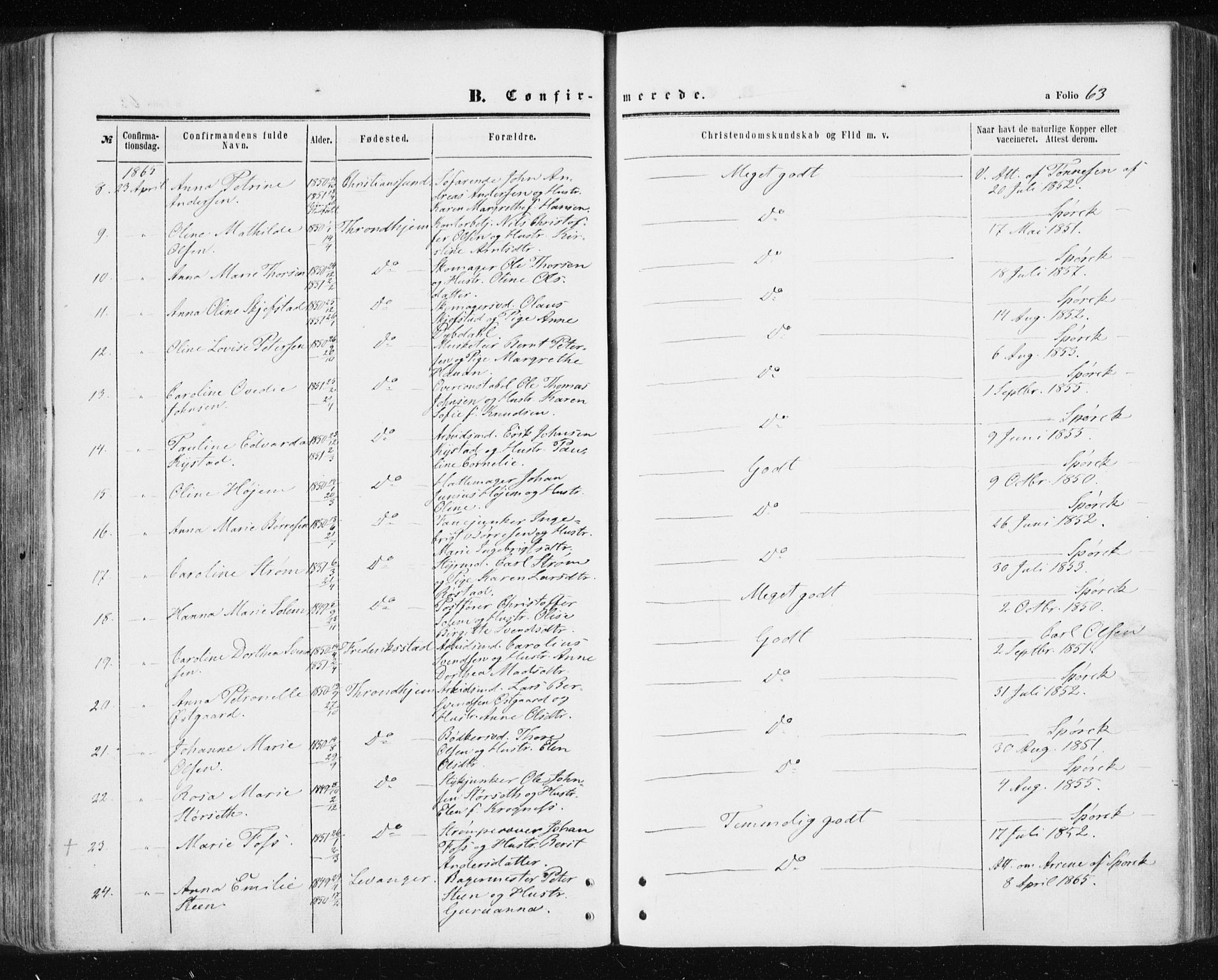 Ministerialprotokoller, klokkerbøker og fødselsregistre - Sør-Trøndelag, AV/SAT-A-1456/601/L0053: Parish register (official) no. 601A21, 1857-1865, p. 63