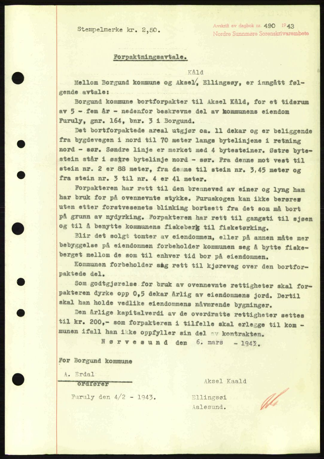 Nordre Sunnmøre sorenskriveri, SAT/A-0006/1/2/2C/2Ca: Mortgage book no. B6-14 a, 1942-1945, Diary no: : 490/1943