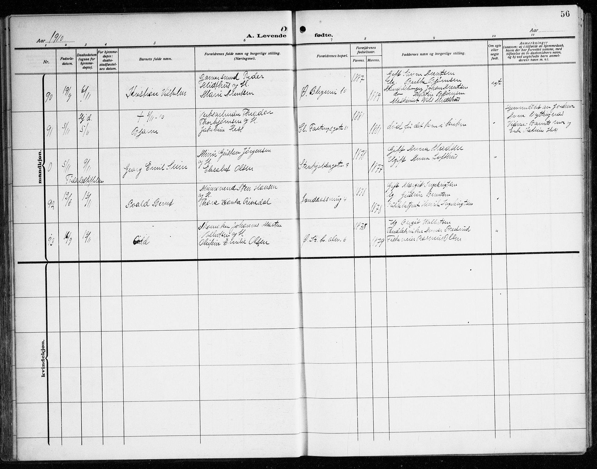 Korskirken sokneprestembete, AV/SAB-A-76101/H/Haa: Parish register (official) no. B 10, 1909-1923, p. 56