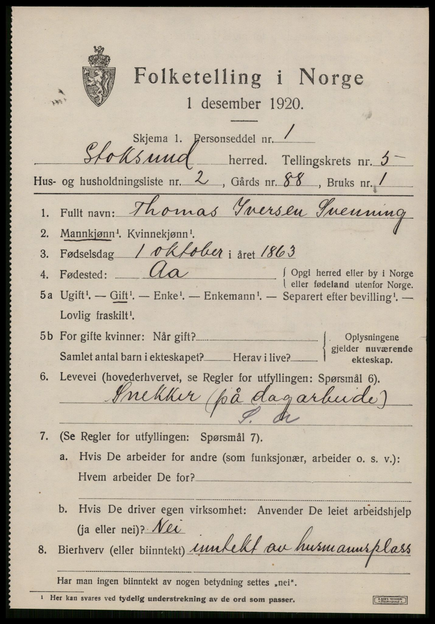 SAT, 1920 census for Stoksund, 1920, p. 2594