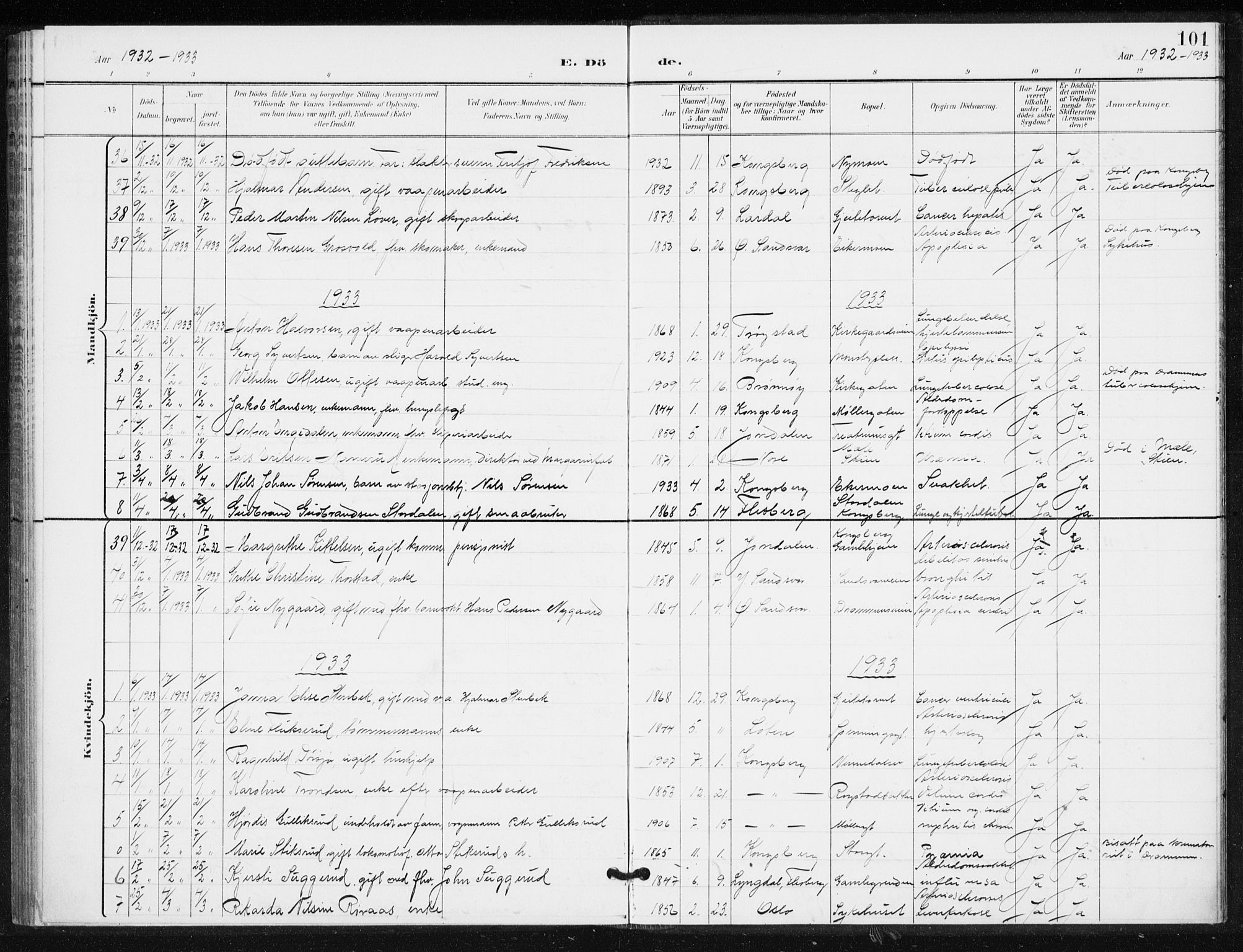 Kongsberg kirkebøker, AV/SAKO-A-22/G/Ga/L0009: Parish register (copy) no. 9, 1932-1938, p. 101