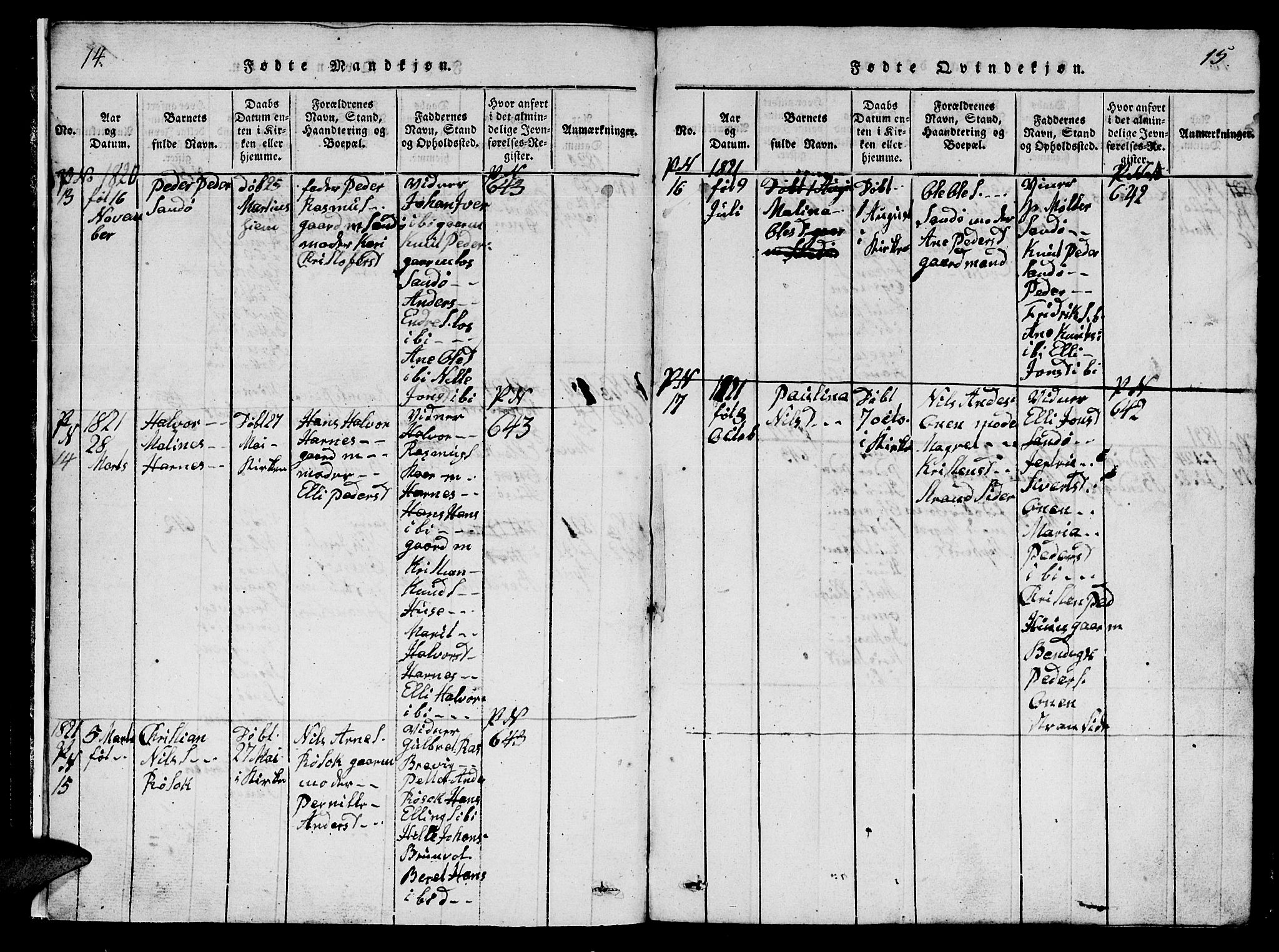 Ministerialprotokoller, klokkerbøker og fødselsregistre - Møre og Romsdal, AV/SAT-A-1454/561/L0731: Parish register (copy) no. 561C01, 1817-1867, p. 14-15