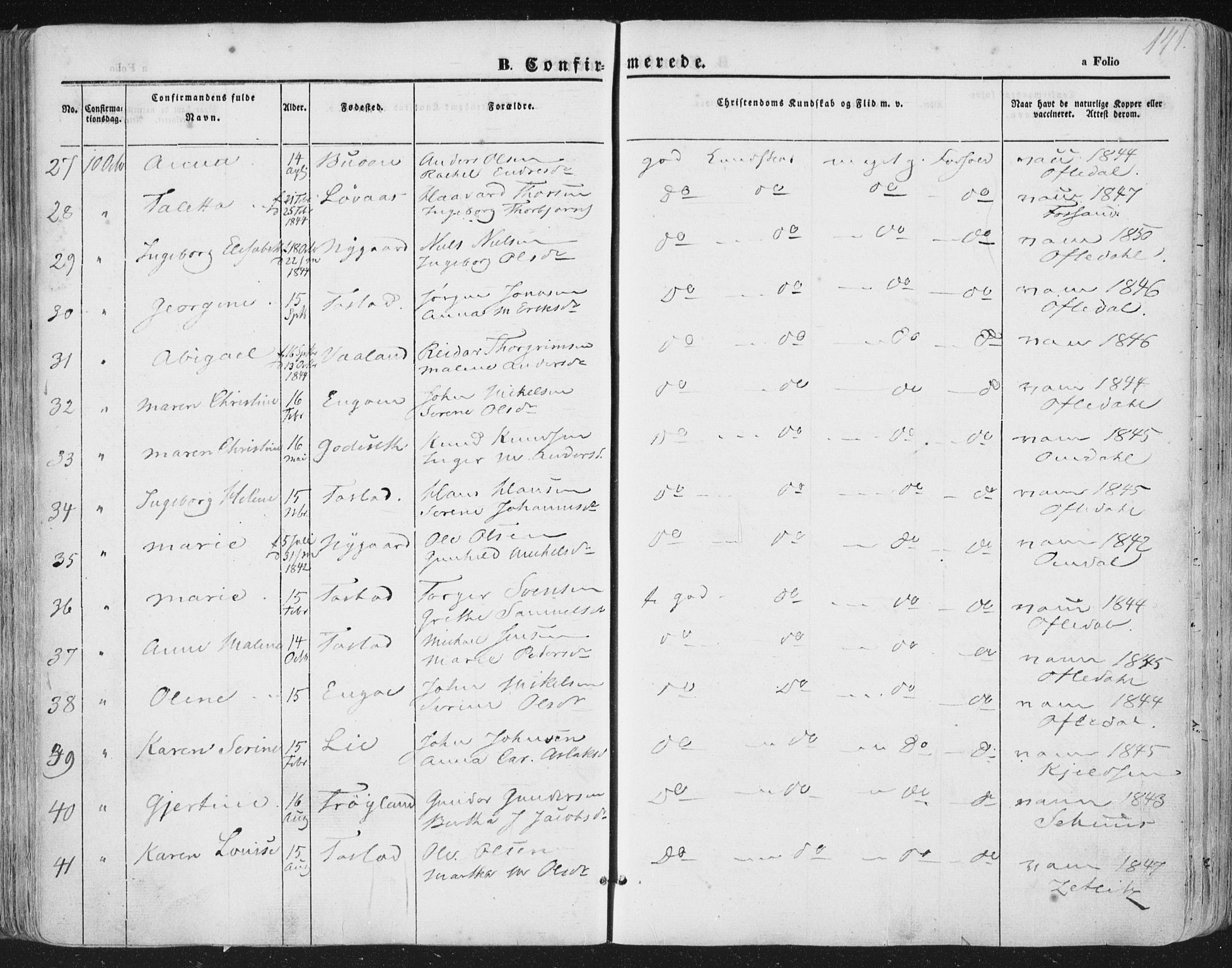 Hetland sokneprestkontor, AV/SAST-A-101826/30/30BA/L0002: Parish register (official) no. A 2, 1849-1869, p. 141