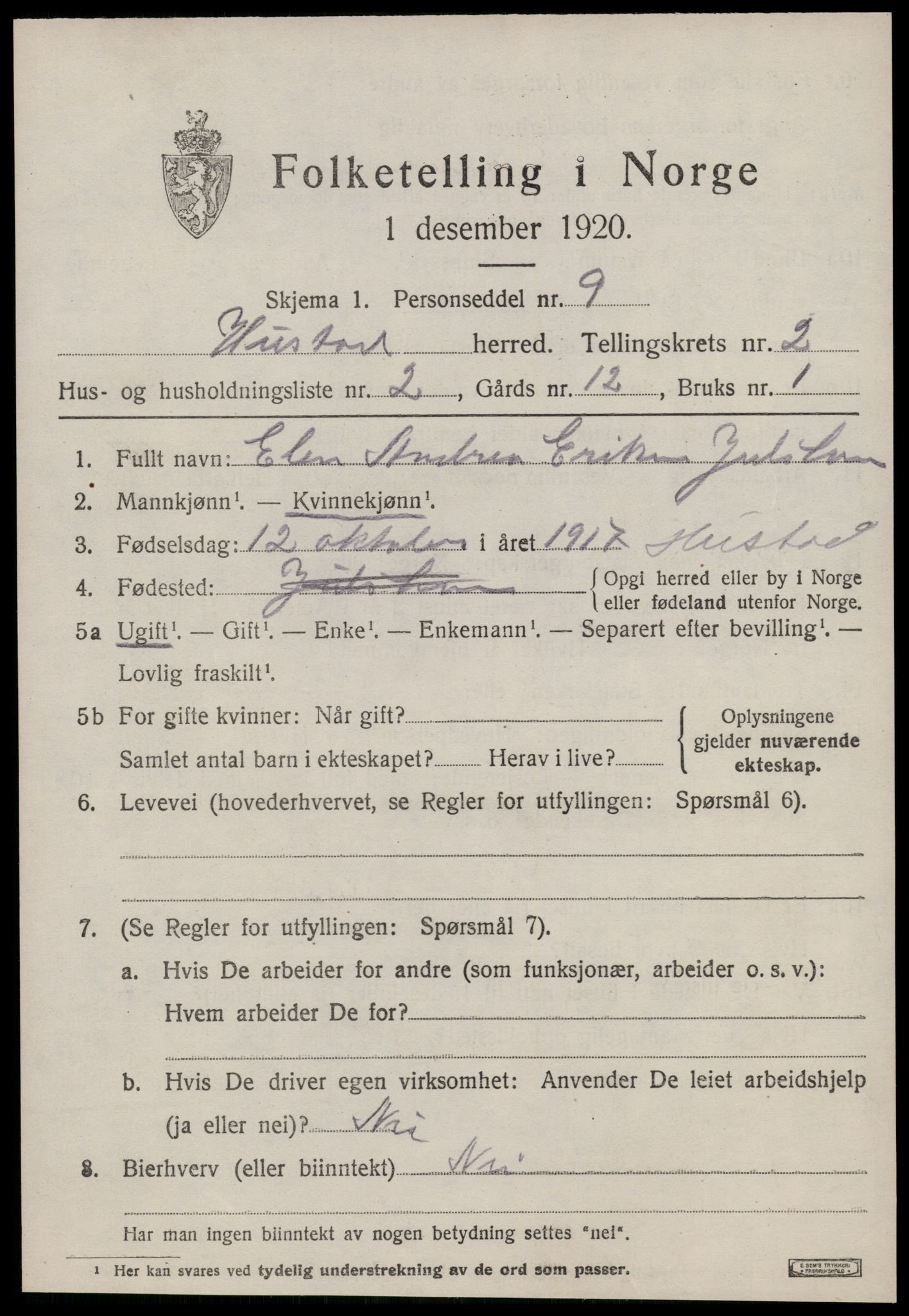 SAT, 1920 census for Hustad, 1920, p. 1551