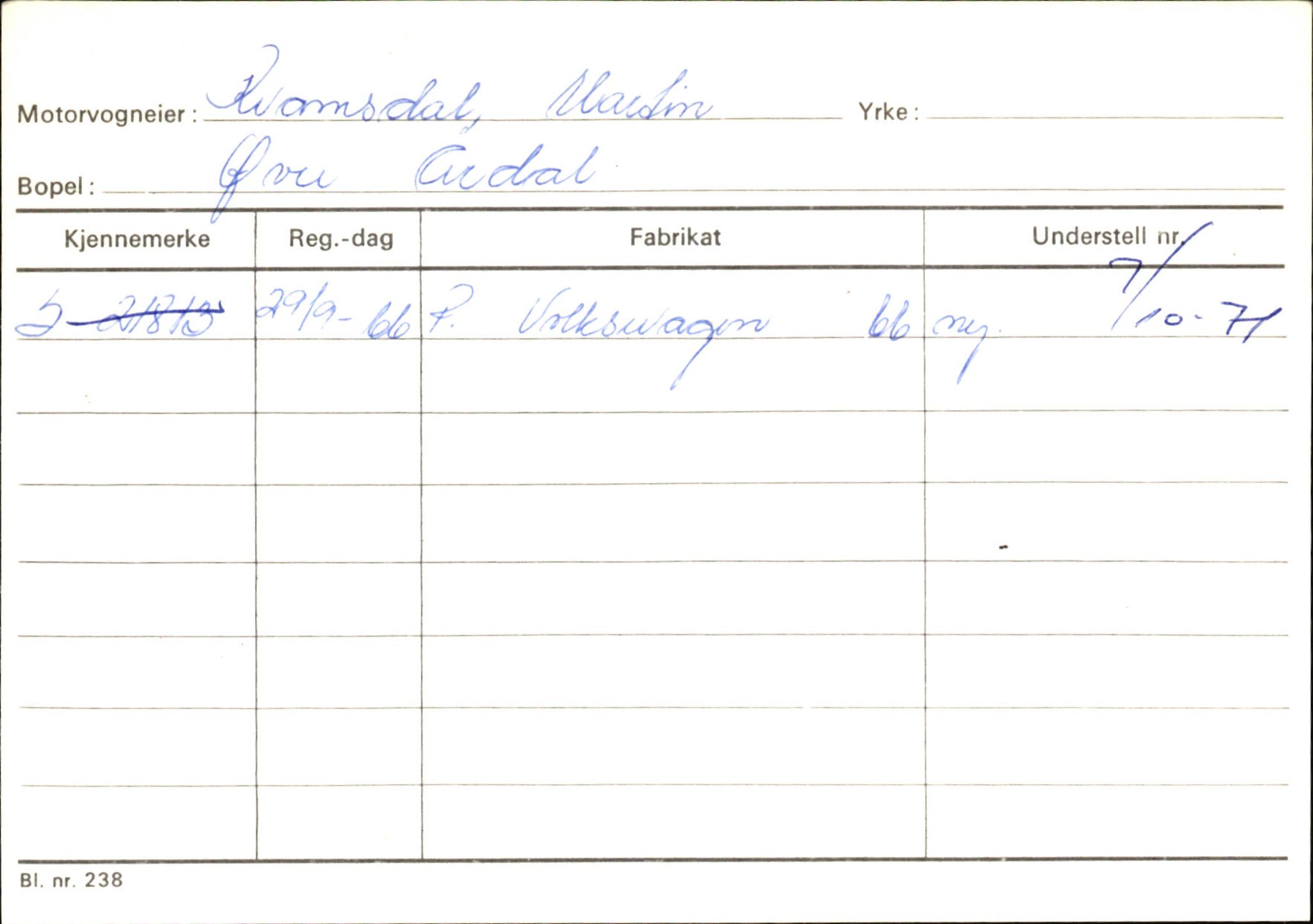 Statens vegvesen, Sogn og Fjordane vegkontor, SAB/A-5301/4/F/L0145: Registerkort Vågsøy S-Å. Årdal I-P, 1945-1975, p. 1303