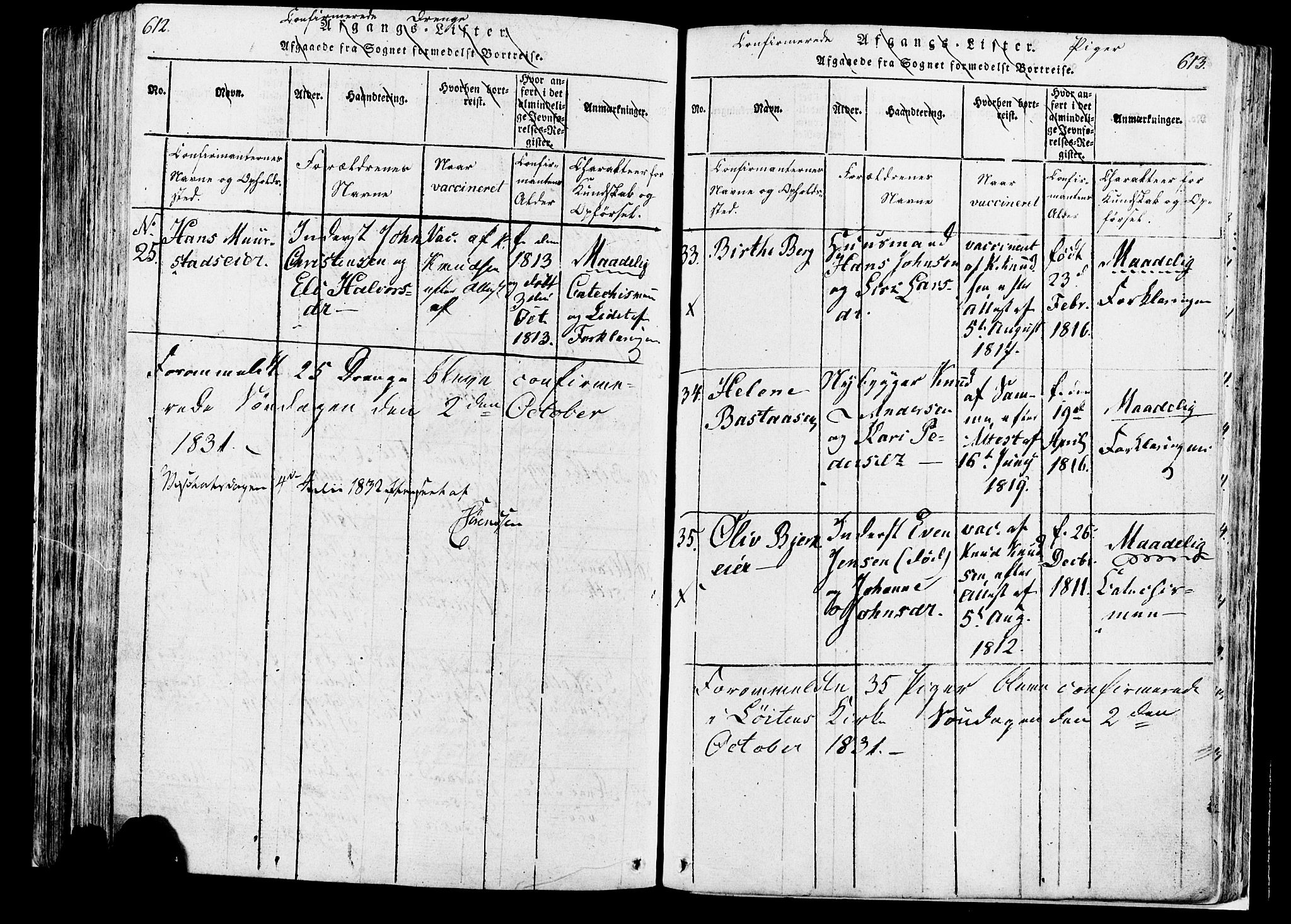 Løten prestekontor, AV/SAH-PREST-022/K/Ka/L0005: Parish register (official) no. 5, 1814-1832, p. 612-613