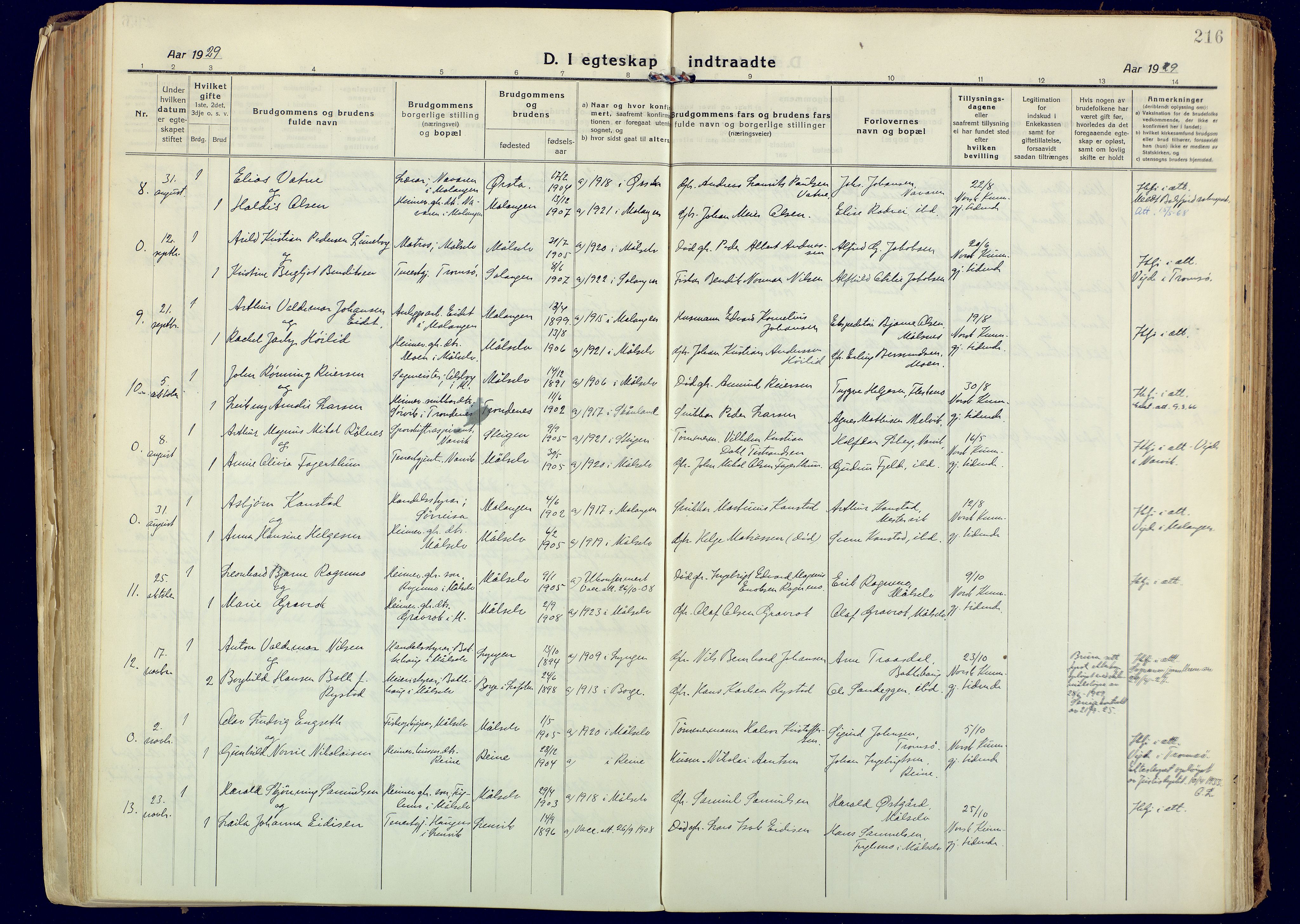 Målselv sokneprestembete, AV/SATØ-S-1311/G/Ga/Gaa/L0014kirke: Parish register (official) no. 14, 1919-1932, p. 216