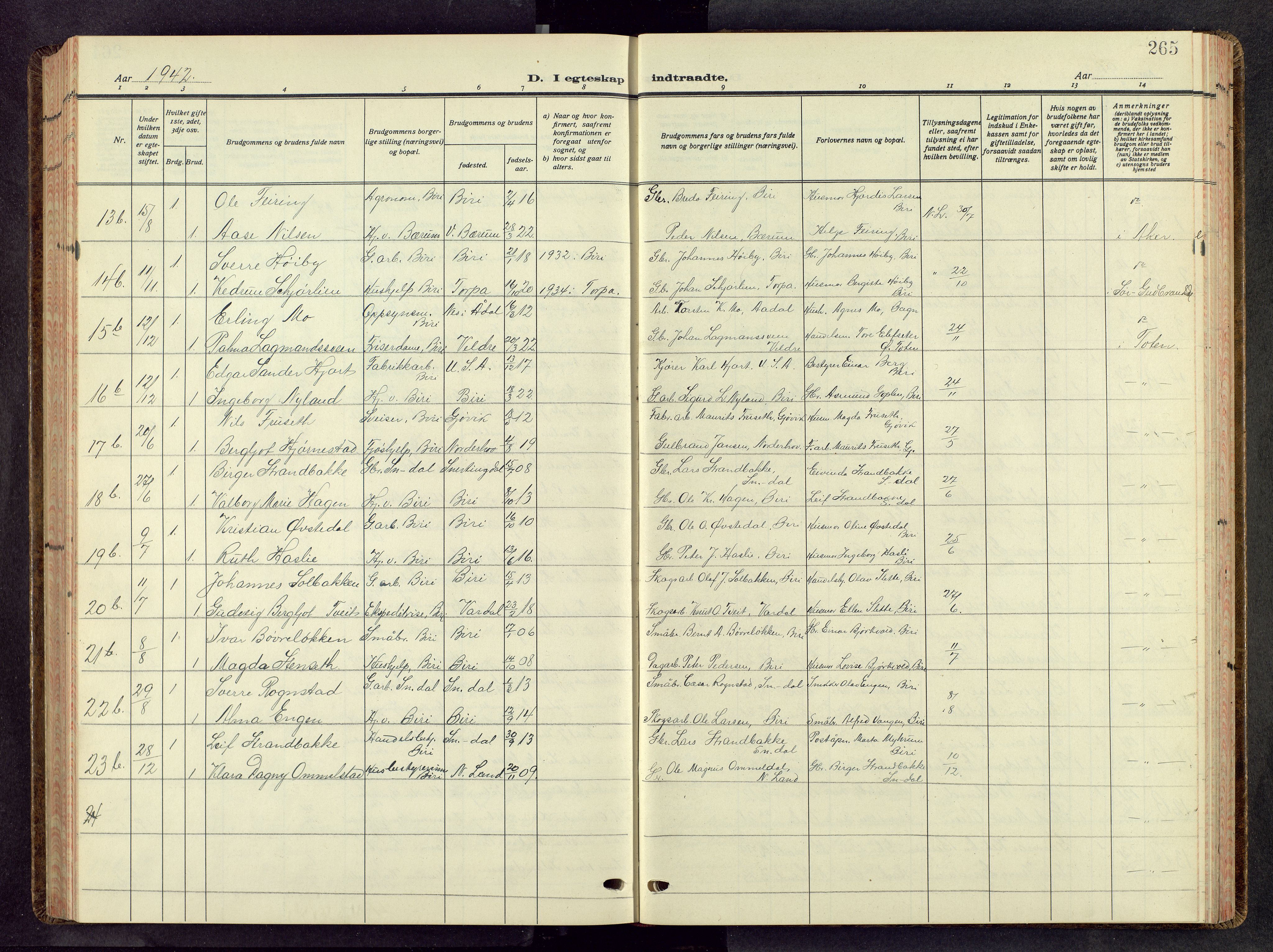 Biri prestekontor, AV/SAH-PREST-096/H/Ha/Hab/L0008: Parish register (copy) no. 8, 1939-1962, p. 265