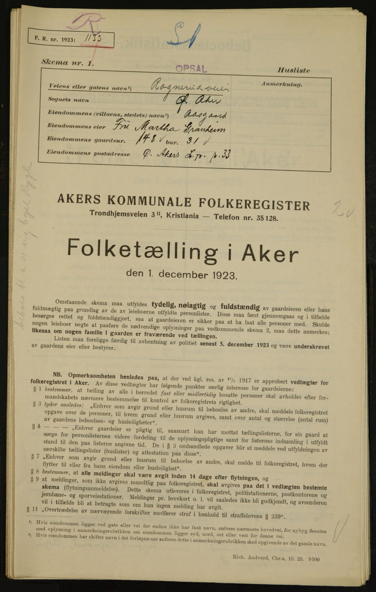 , Municipal Census 1923 for Aker, 1923, p. 29680