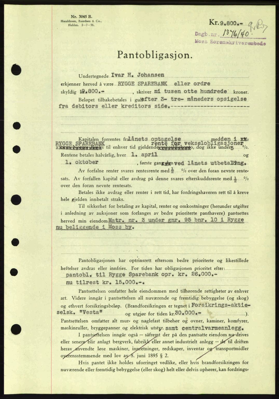 Moss sorenskriveri, SAO/A-10168: Mortgage book no. B10, 1940-1941, Diary no: : 1376/1940