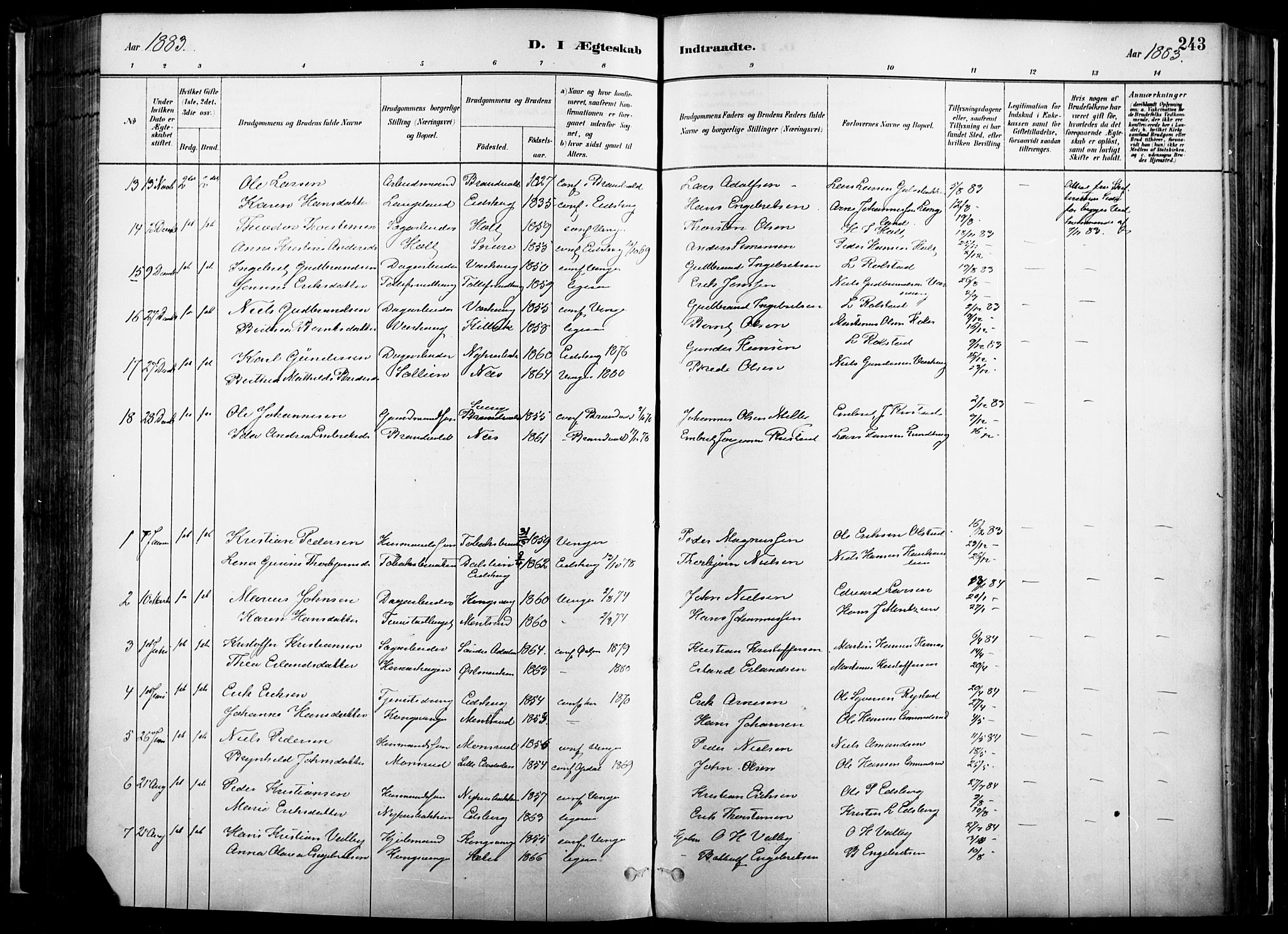 Vinger prestekontor, SAH/PREST-024/H/Ha/Haa/L0014: Parish register (official) no. 14, 1881-1900, p. 243