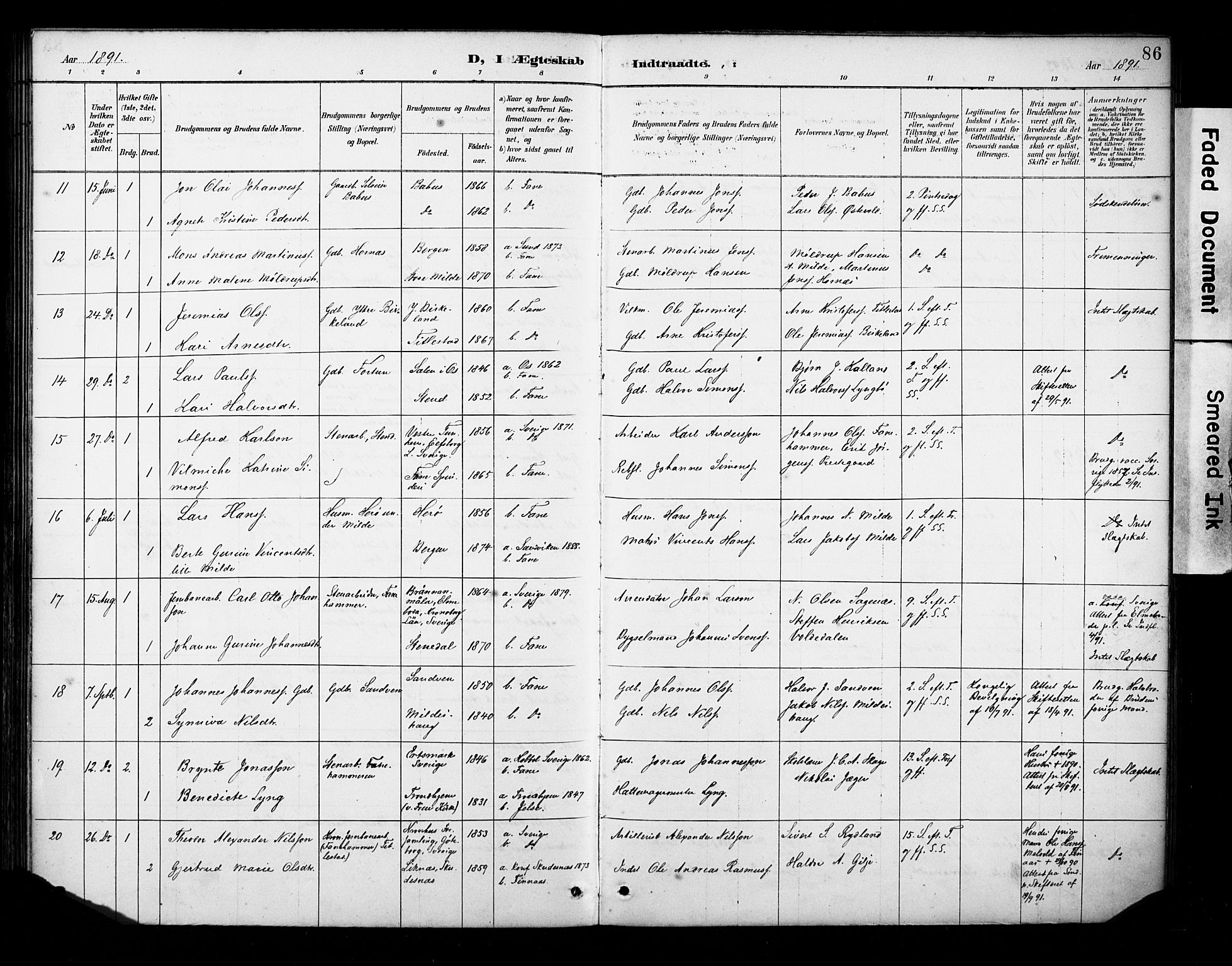 Fana Sokneprestembete, AV/SAB-A-75101/H/Haa/Haab/L0002: Parish register (official) no. B 2, 1890-1897, p. 86