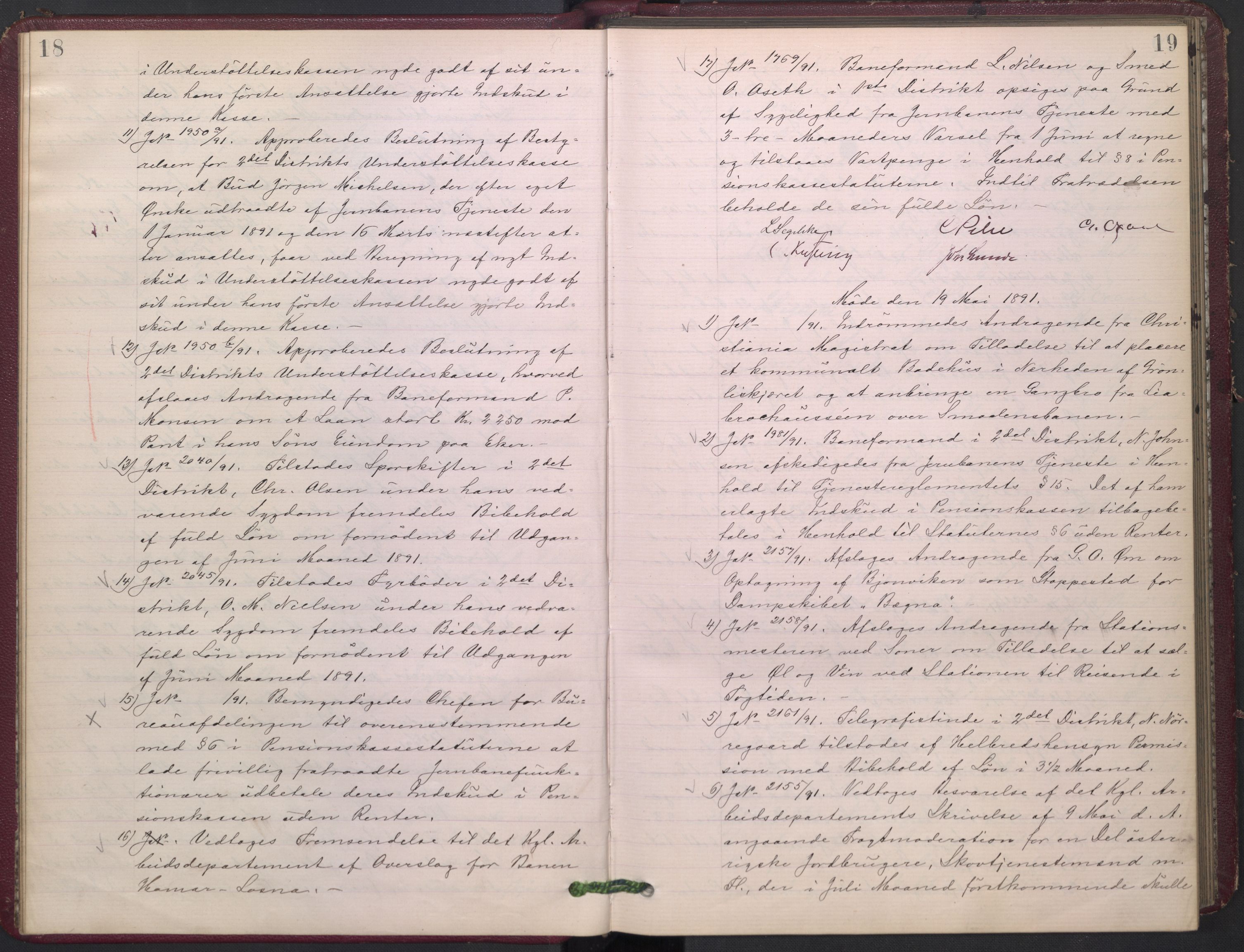 Norges statsbaner, Administrasjons- økonomi- og personalavdelingen, RA/S-3412/A/Aa/L0002: Forhandlingsprotokoll, 1891-1893, p. 18-19