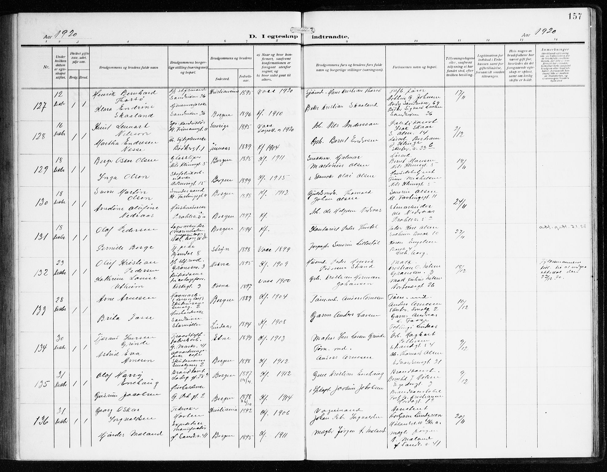 Sandviken Sokneprestembete, AV/SAB-A-77601/H/Ha/L0015: Parish register (official) no. D 2, 1911-1923, p. 157