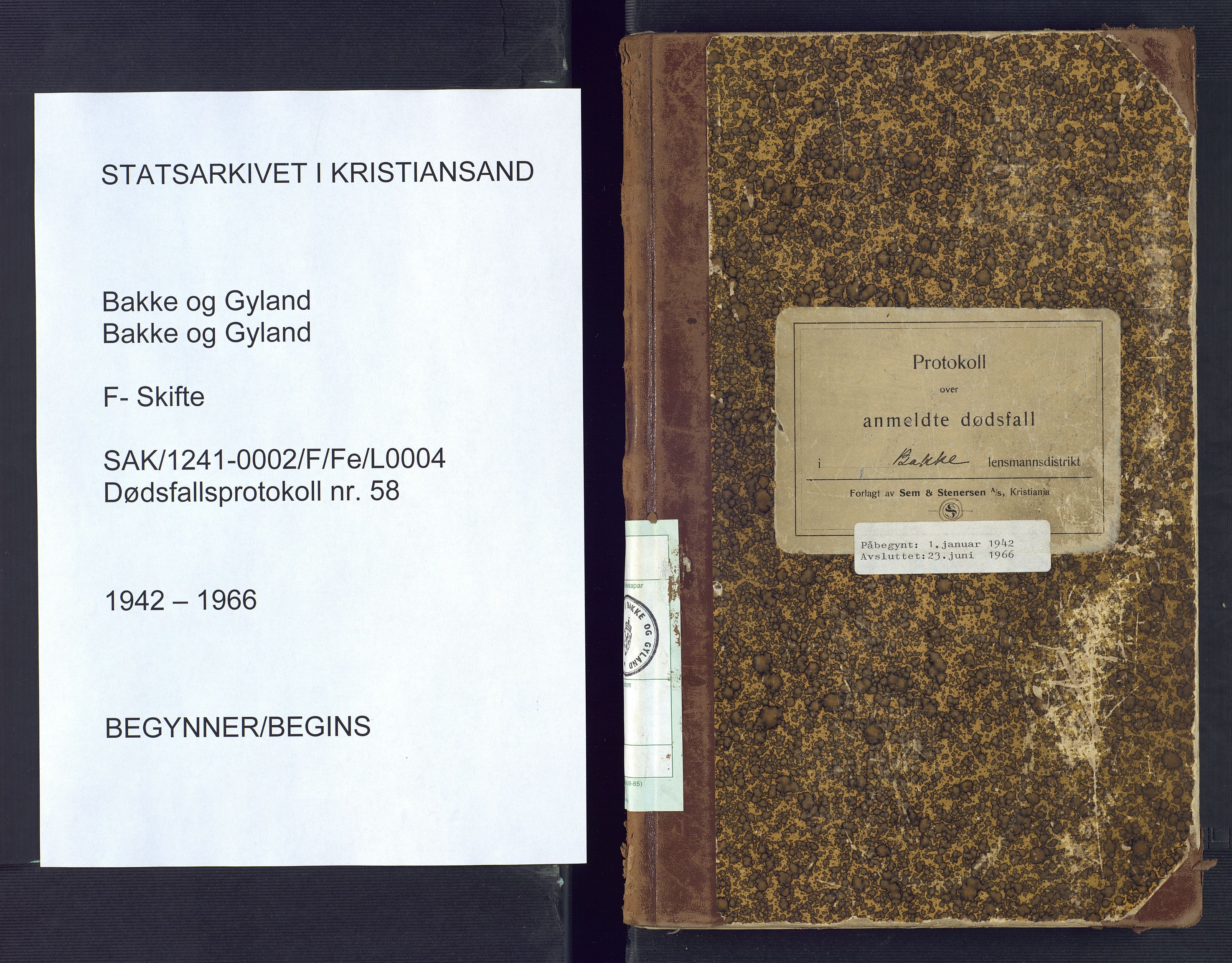 Bakke og Gyland lensmannskontor, SAK/1241-0002/F/Fe/L0004: Anmeldte dødsfall nr 58, 1942-1966