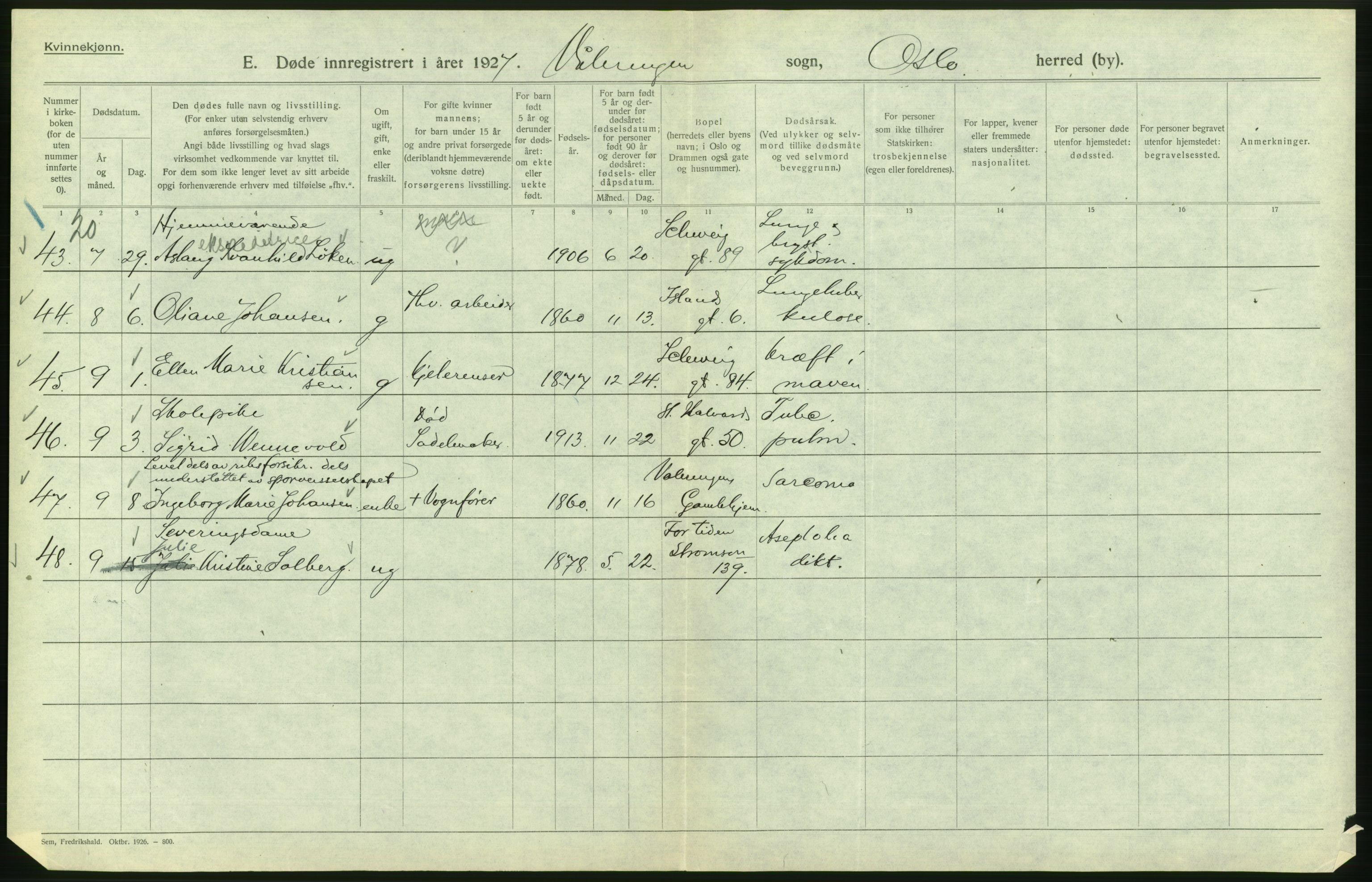 Statistisk sentralbyrå, Sosiodemografiske emner, Befolkning, AV/RA-S-2228/D/Df/Dfc/Dfcg/L0010: Oslo: Døde kvinner, dødfødte, 1927, p. 488