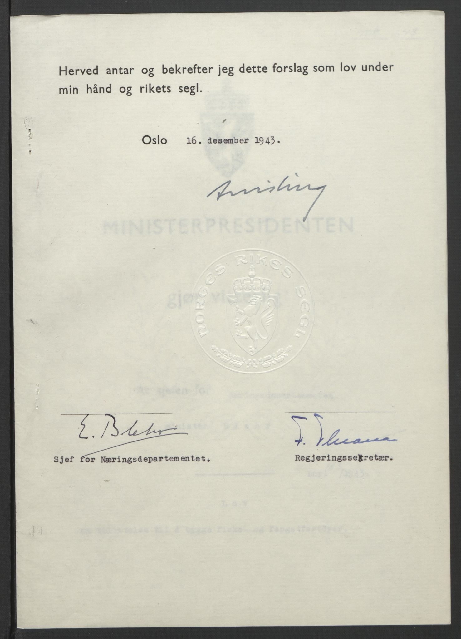 NS-administrasjonen 1940-1945 (Statsrådsekretariatet, de kommisariske statsråder mm), RA/S-4279/D/Db/L0099: Lover, 1943, p. 774