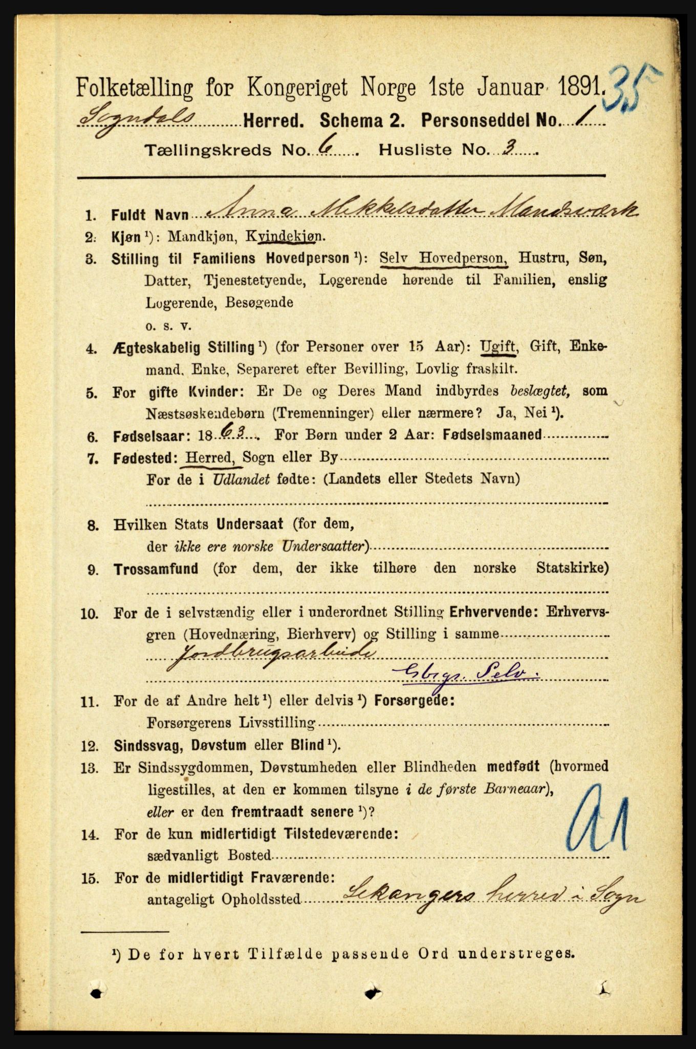 RA, 1891 census for 1420 Sogndal, 1891, p. 2610