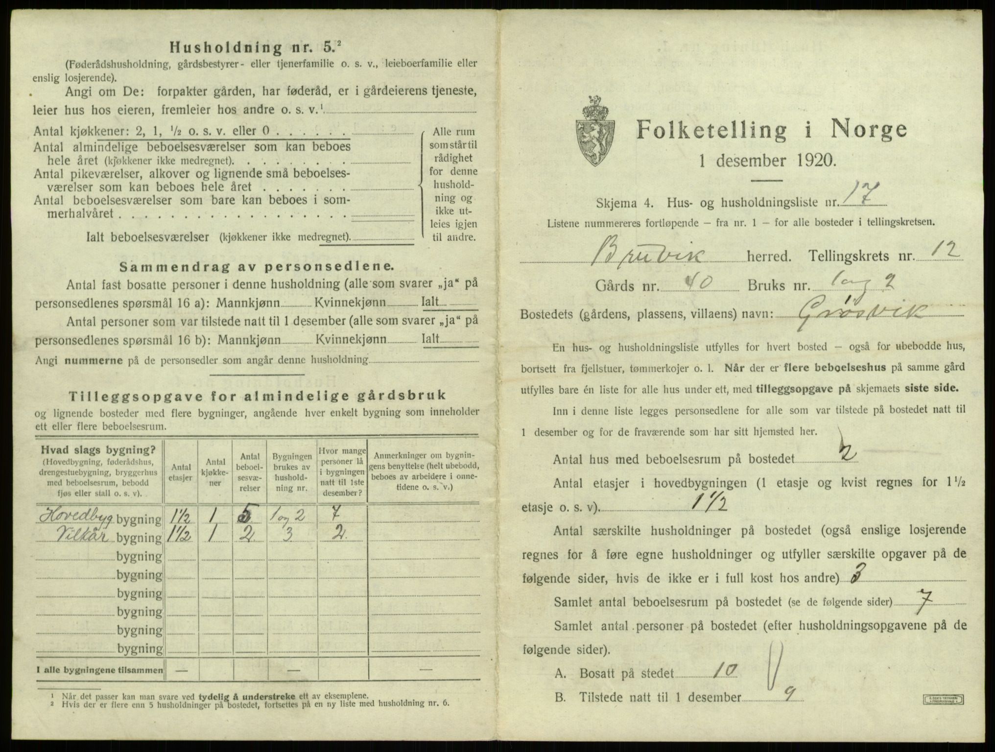 SAB, 1920 census for Bruvik, 1920, p. 878