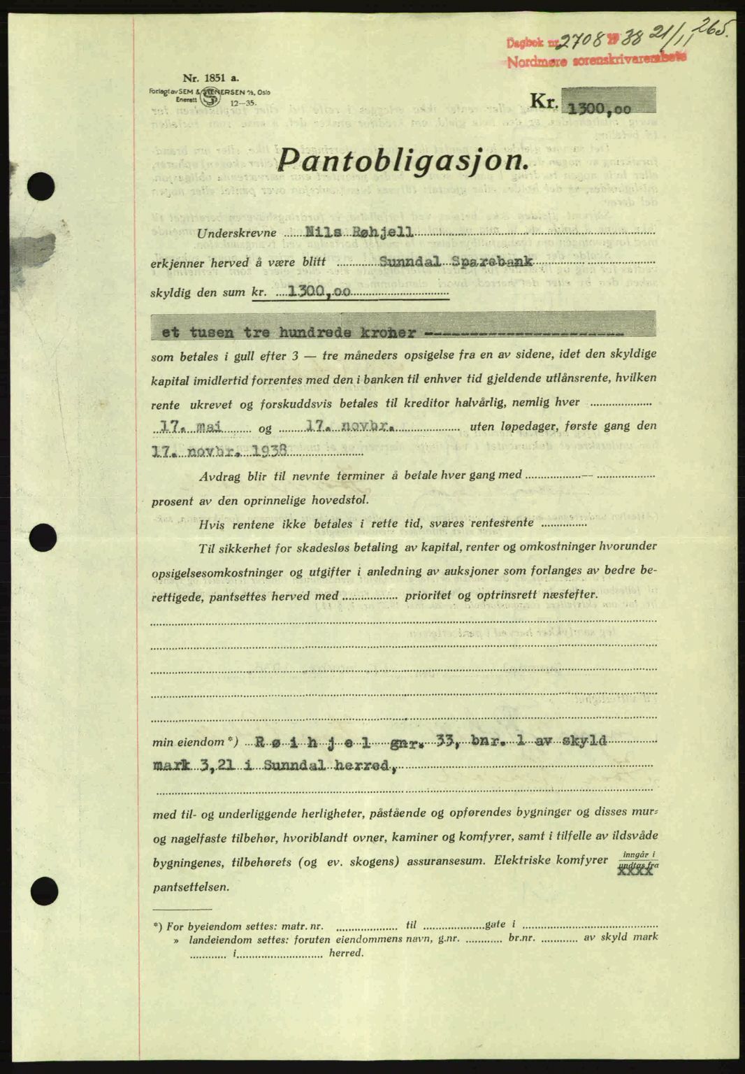 Nordmøre sorenskriveri, SAT/A-4132/1/2/2Ca: Mortgage book no. B84, 1938-1939, Diary no: : 2708/1938