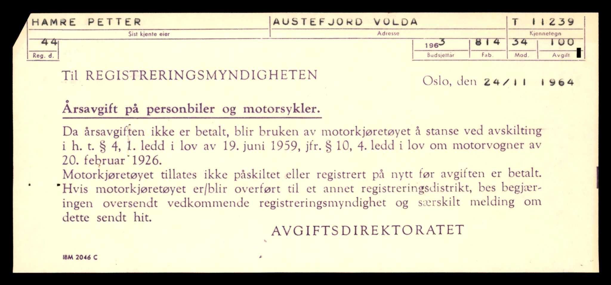 Møre og Romsdal vegkontor - Ålesund trafikkstasjon, SAT/A-4099/F/Fe/L0027: Registreringskort for kjøretøy T 11161 - T 11289, 1927-1998, p. 2047