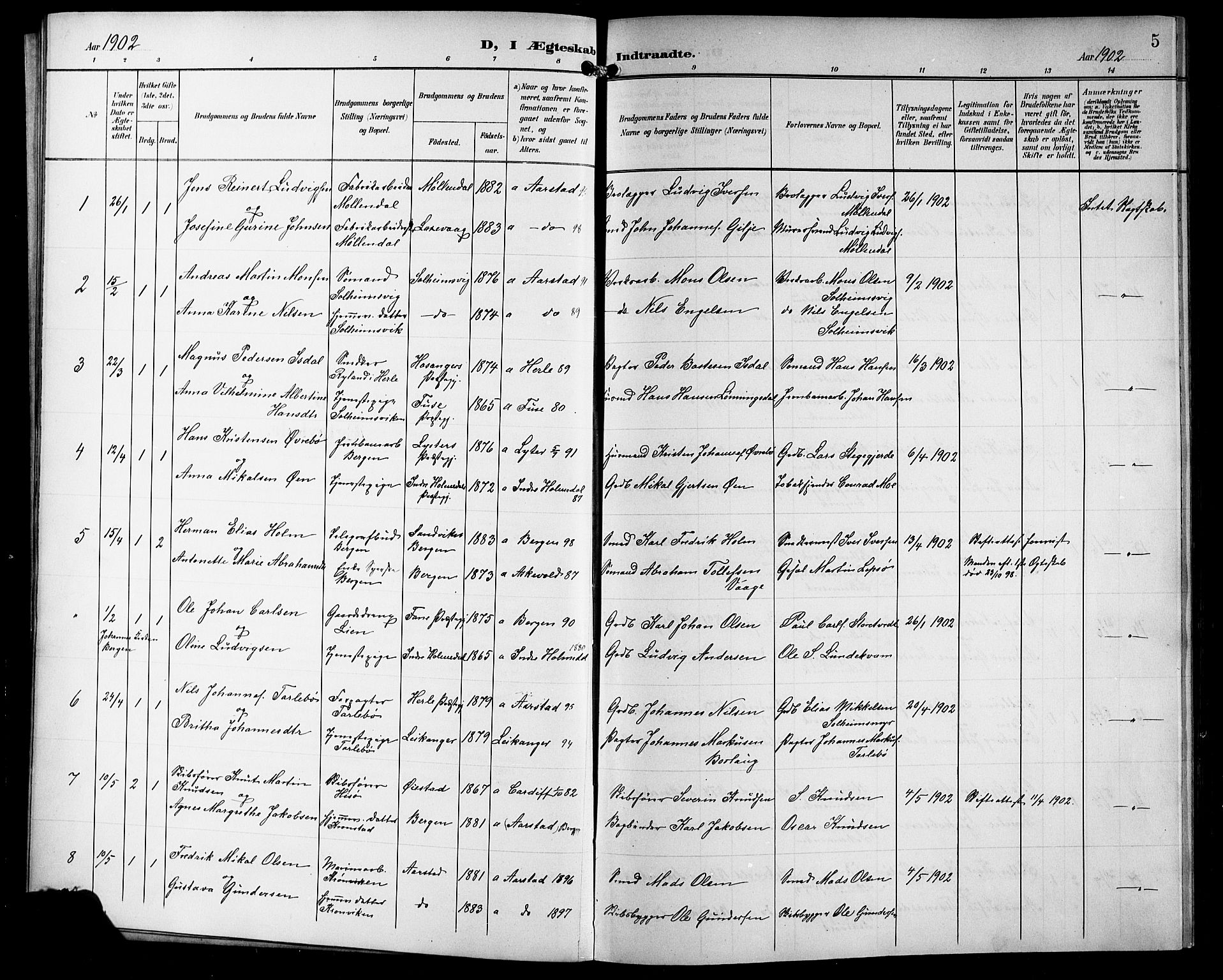 Årstad Sokneprestembete, SAB/A-79301/H/Hab/L0018: Parish register (copy) no. C 1, 1902-1919, p. 5