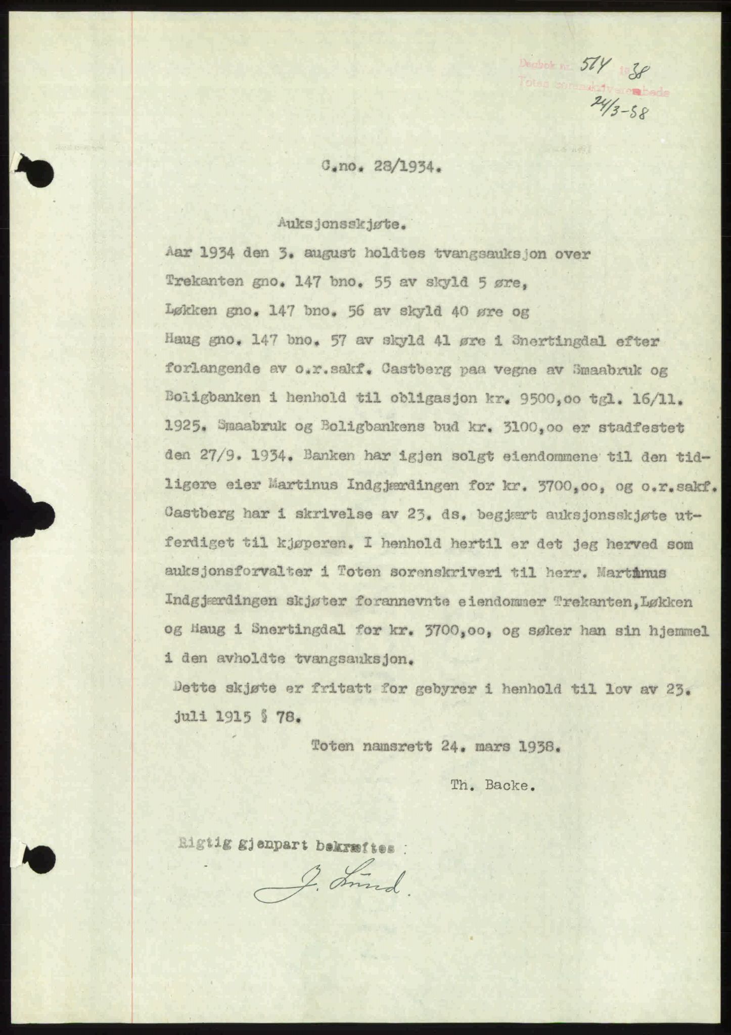 Toten tingrett, SAH/TING-006/H/Hb/Hbc/L0003: Mortgage book no. Hbc-03, 1937-1938, Diary no: : 514/1938