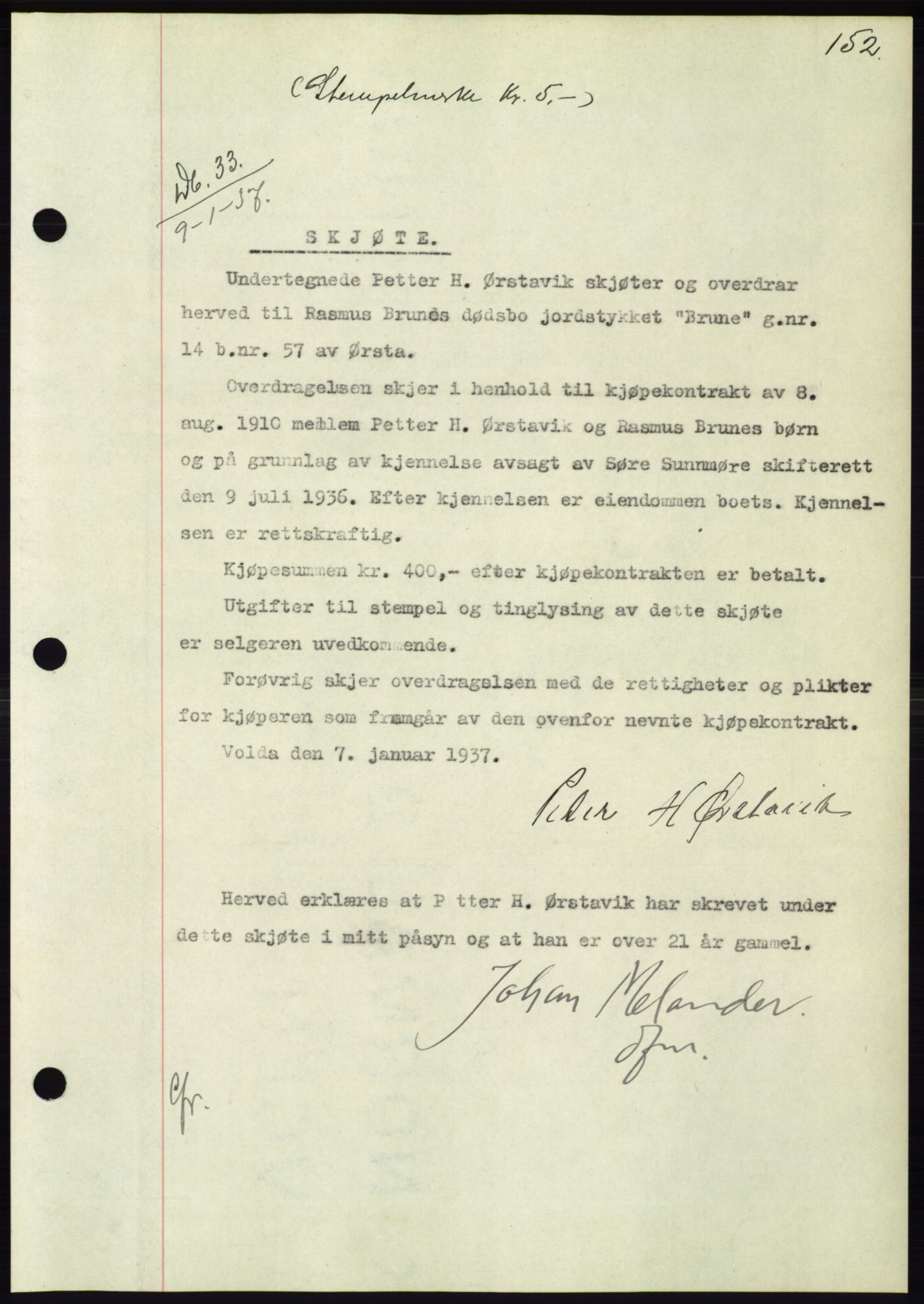 Søre Sunnmøre sorenskriveri, SAT/A-4122/1/2/2C/L0062: Mortgage book no. 56, 1936-1937, Diary no: : 33/1937