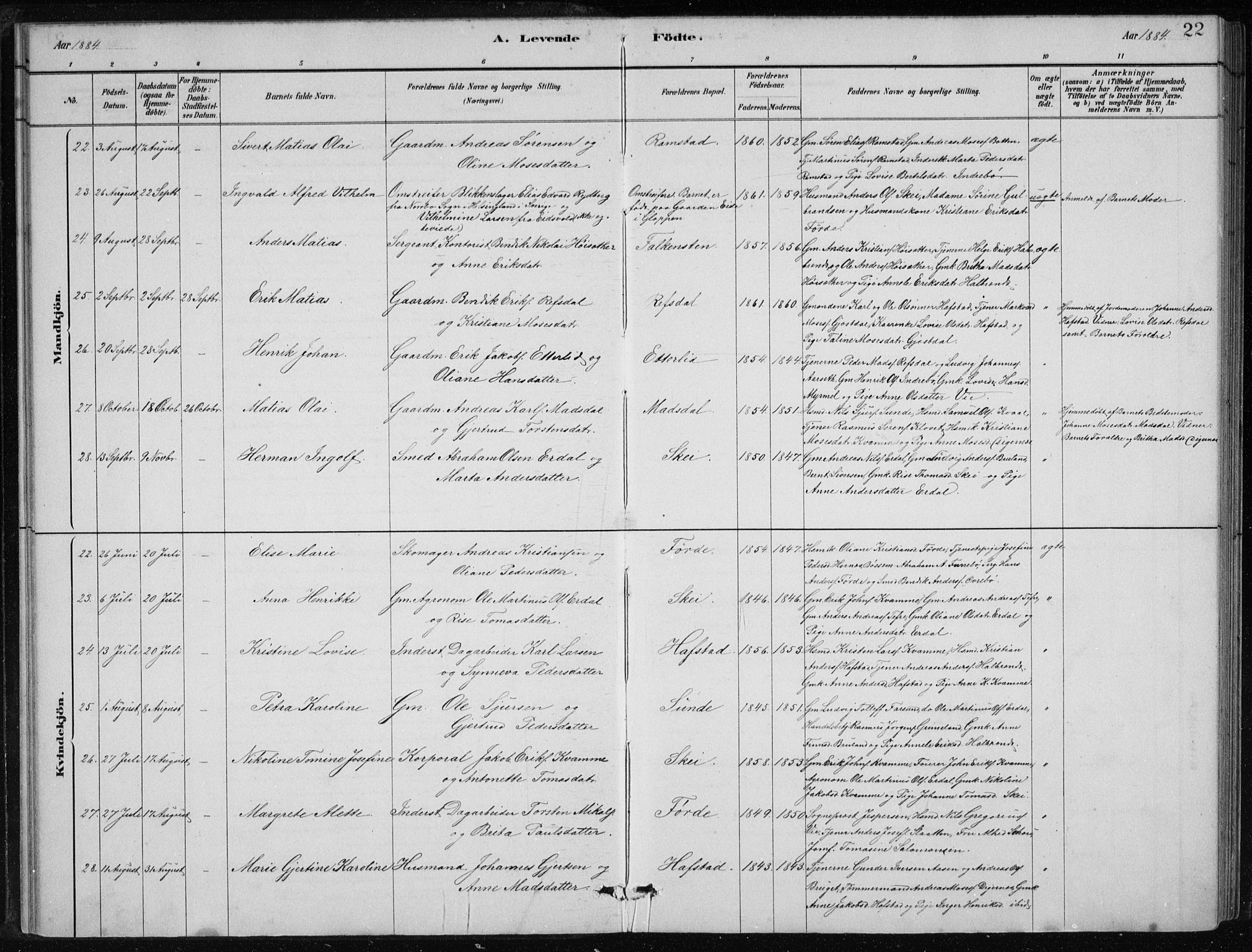 Førde sokneprestembete, AV/SAB-A-79901/H/Hab/Haba/L0002: Parish register (copy) no. A 2, 1881-1898, p. 22