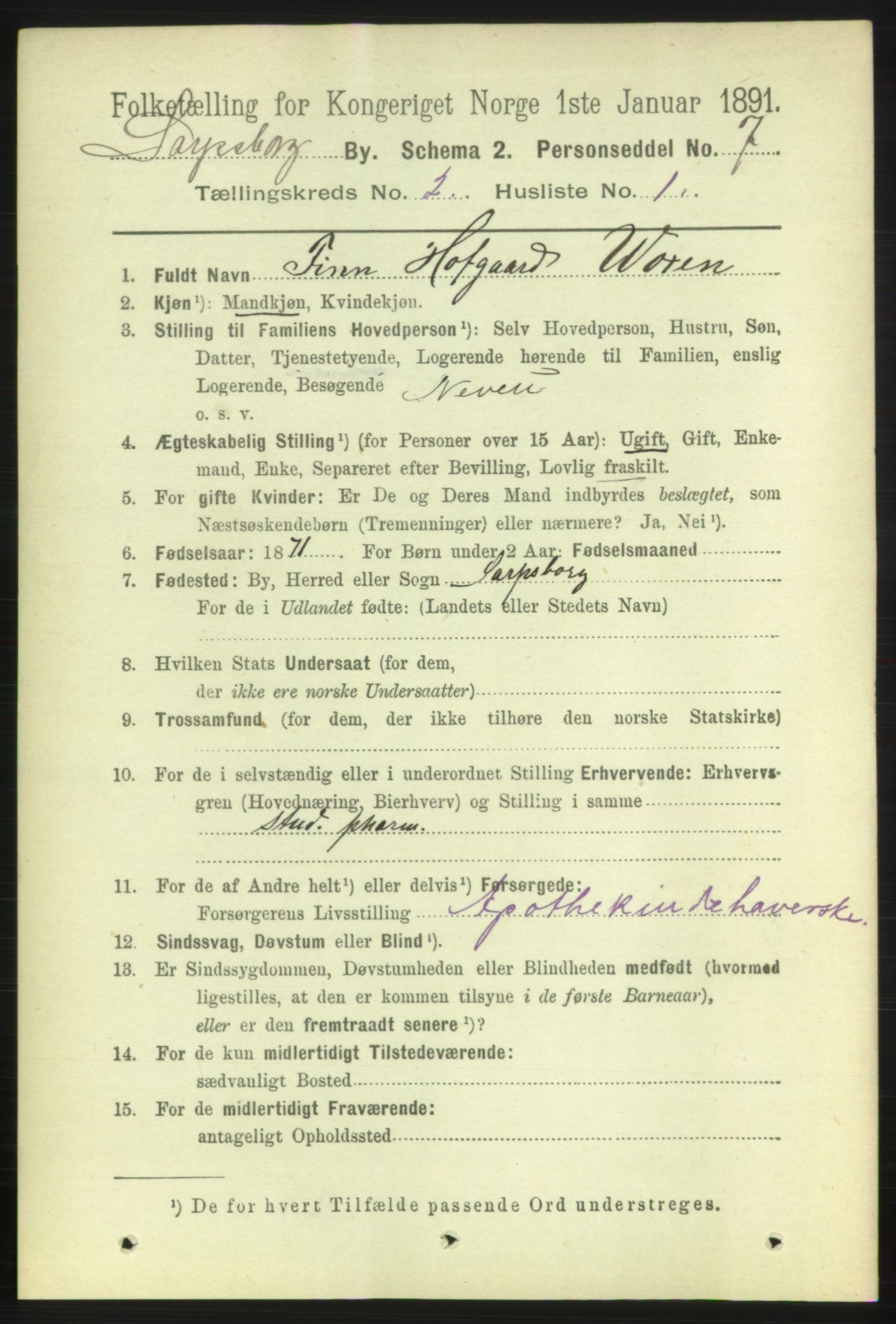 RA, 1891 census for 0102 Sarpsborg, 1891, p. 1268