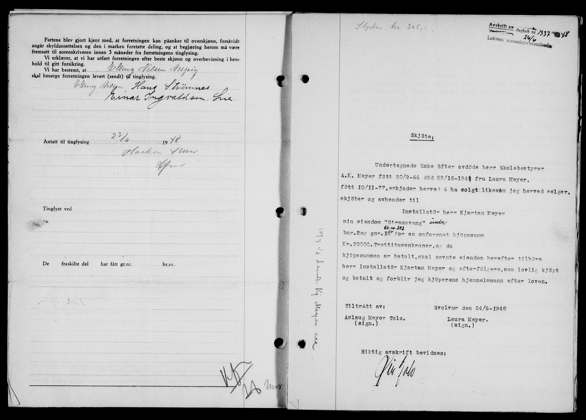 Lofoten sorenskriveri, SAT/A-0017/1/2/2C/L0018a: Mortgage book no. 18a, 1948-1948, Diary no: : 1337/1948