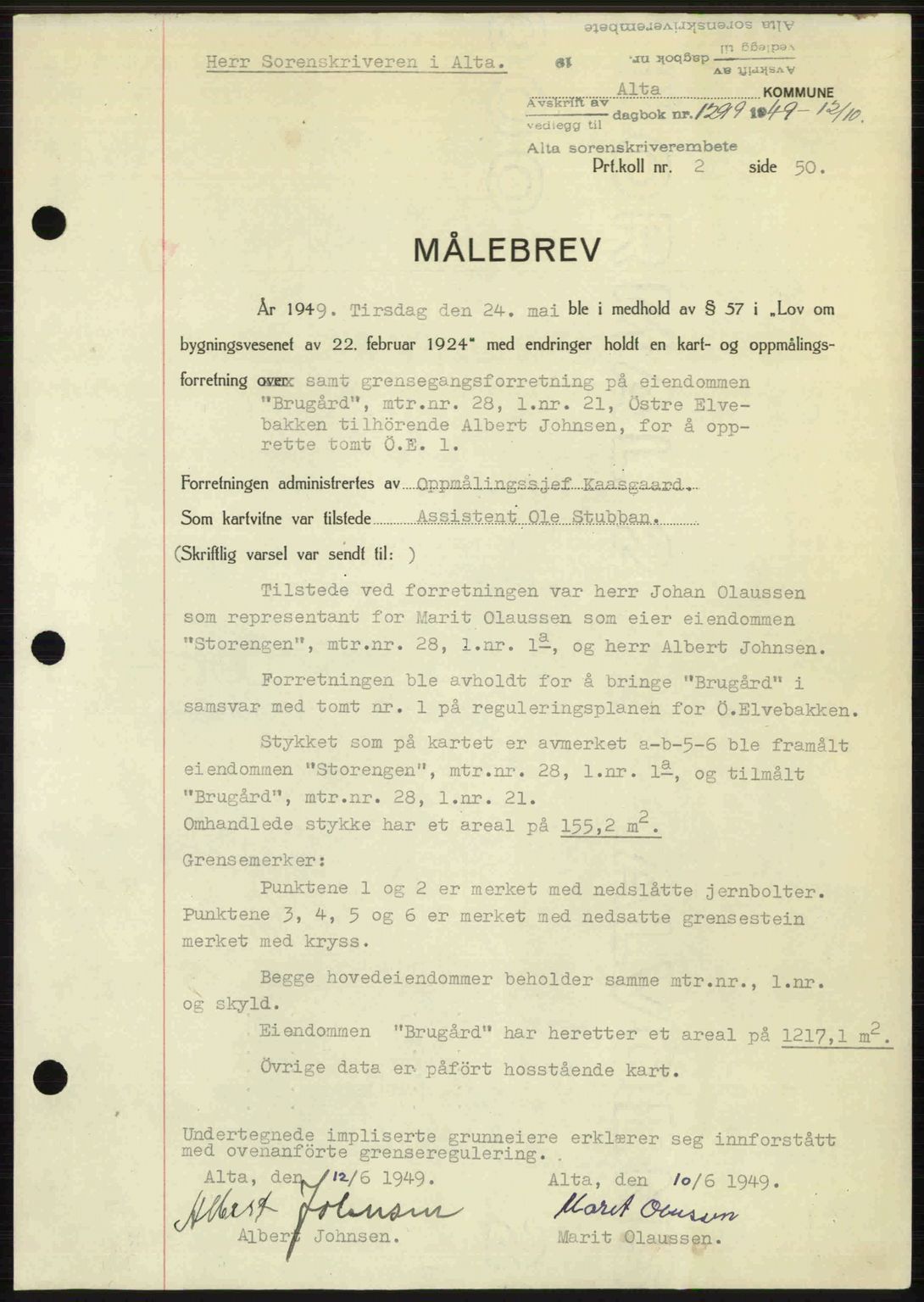 Alta fogderi/sorenskriveri, AV/SATØ-SATØ-5/1/K/Kd/L0038pantebok: Mortgage book no. 41-42, 1949-1950, Diary no: : 1299/1949