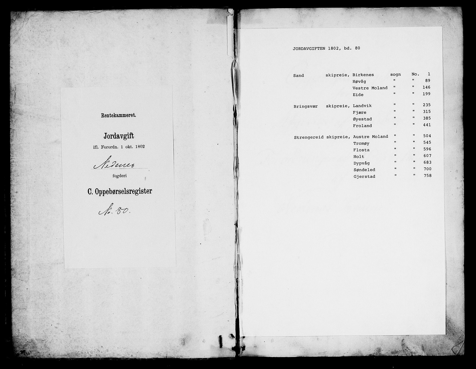 Rentekammeret inntil 1814, Realistisk ordnet avdeling, AV/RA-EA-4070/N/Ne/Nea/L0080: Nedenes fogderi. Oppebørselsregister, 1803-1804, p. 1