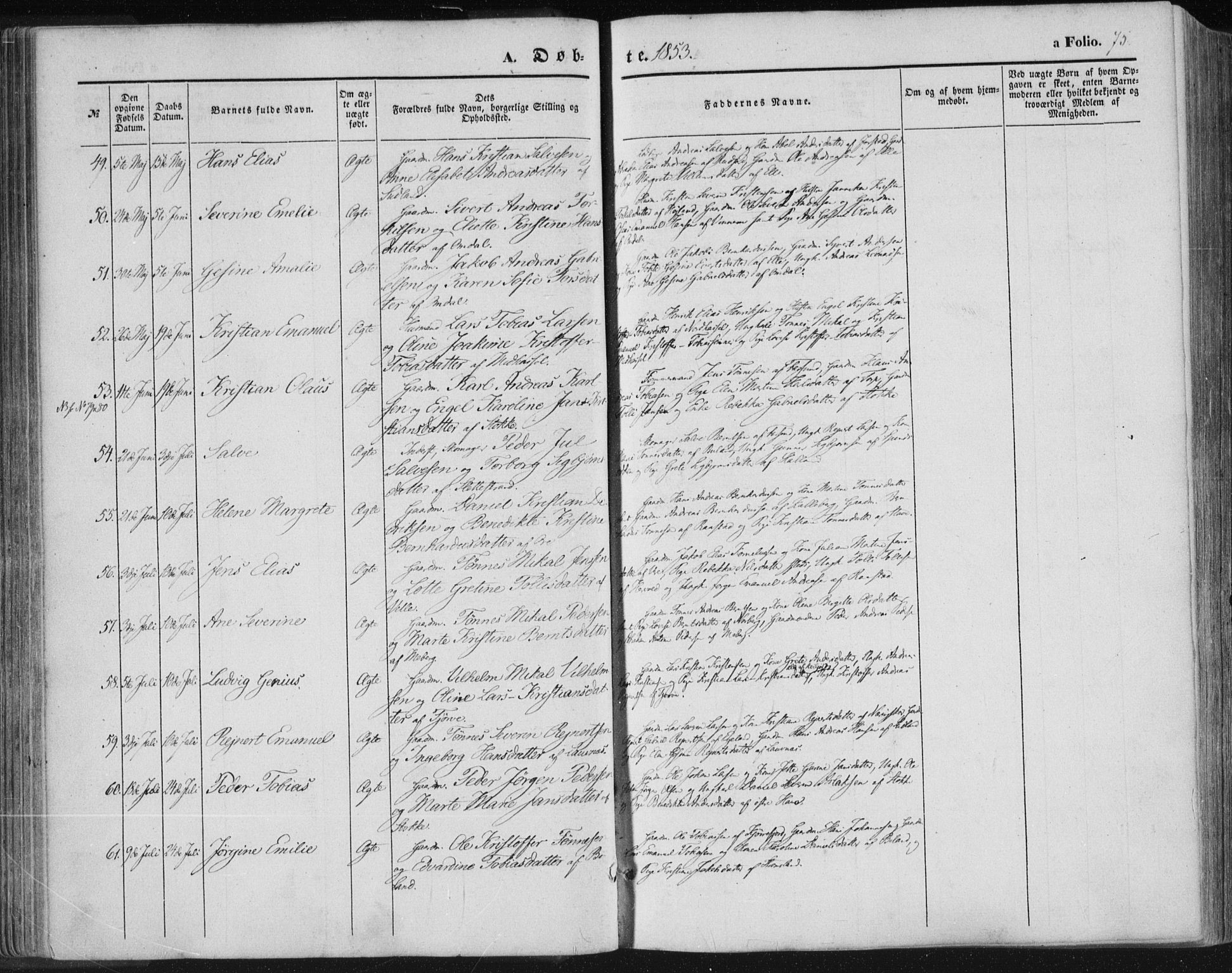 Lista sokneprestkontor, AV/SAK-1111-0027/F/Fa/L0010: Parish register (official) no. A 10, 1846-1861, p. 75